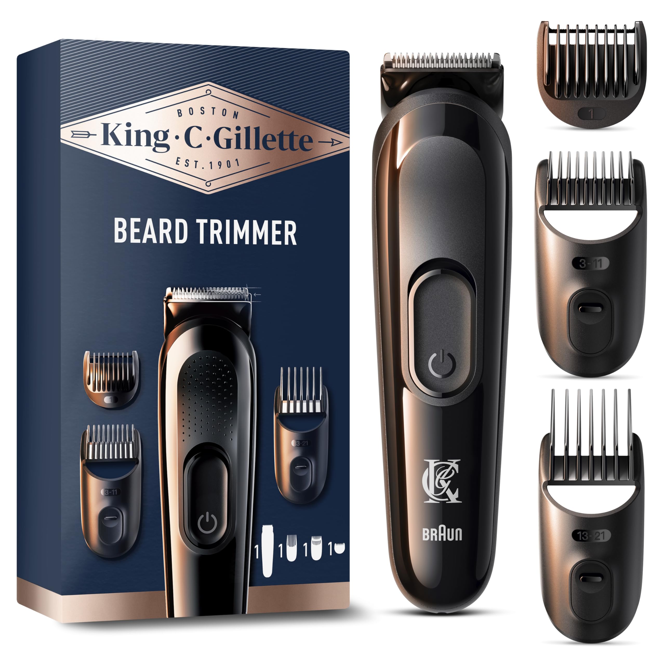 BRAUN King C Gillette Kabelloser Barttrimmer f&uuml;r Herren (3-in-1-Anwendung: Trimmen, Konturieren und Ausblenden, bis zu 50 Min. Akkulaufzeit, abwaschbarer Scherkopf und K&auml;mme, inkl. Kamm 1-5 mm, Kamm 5-1 mm, Pr&auml;zisionstrimmer, 3-11 mm Kamm, 1 mm Kamm, 2 mm 