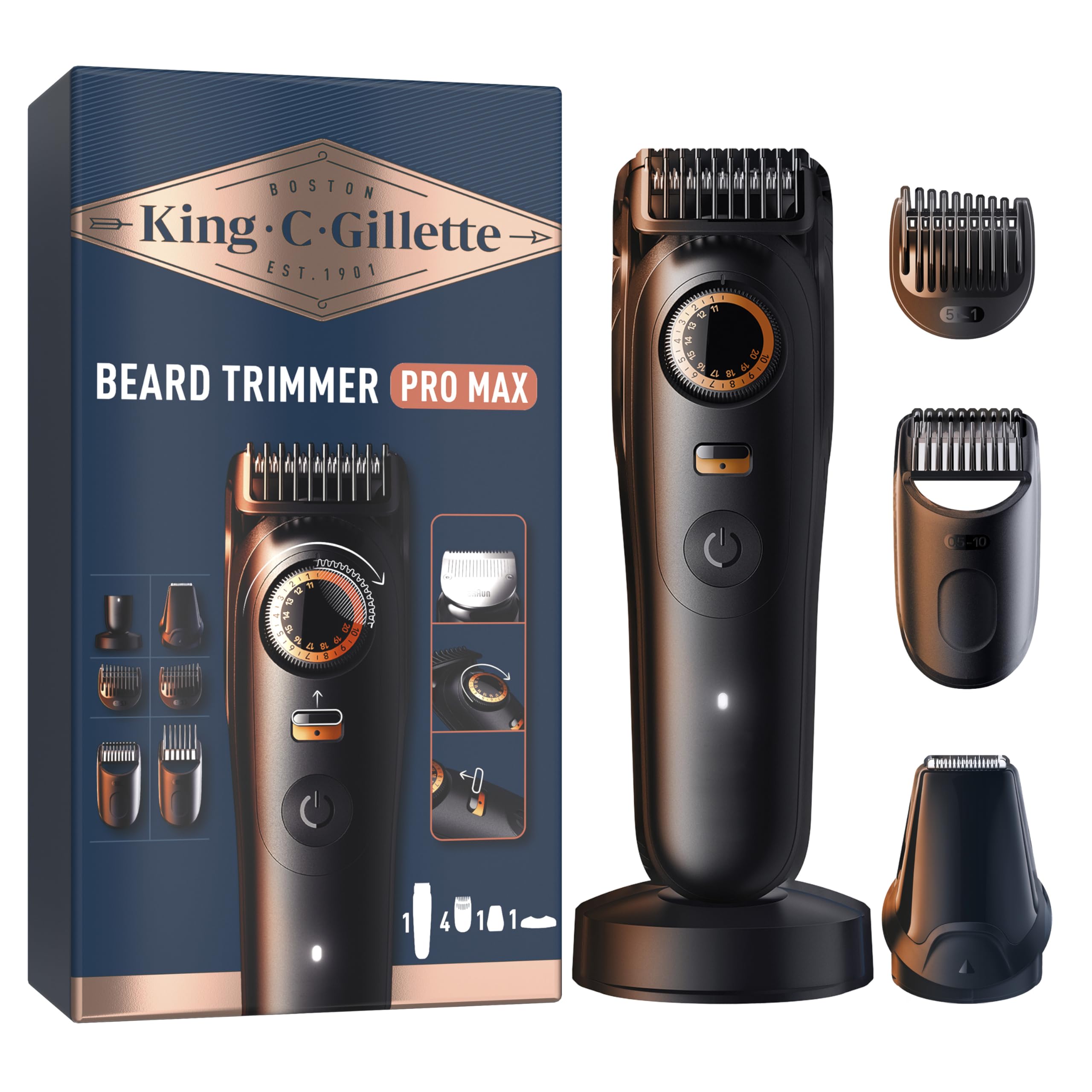 BRAUN King C Gillette Kabelloser Barttrimmer PRO MAX f&uuml;r M&auml;nner (Pr&auml;zisionstrimmer, 4-in-1 Anwendungen: Trimmen, Konturieren, Ausblenden und Detailarbeiten, bis zu 120 Min. Akkulaufzeit, Pr&auml;zisionsrad und Verriegelung, 40 L&auml;ngen in 0,5-mm-Schritten, enth&auml;l 