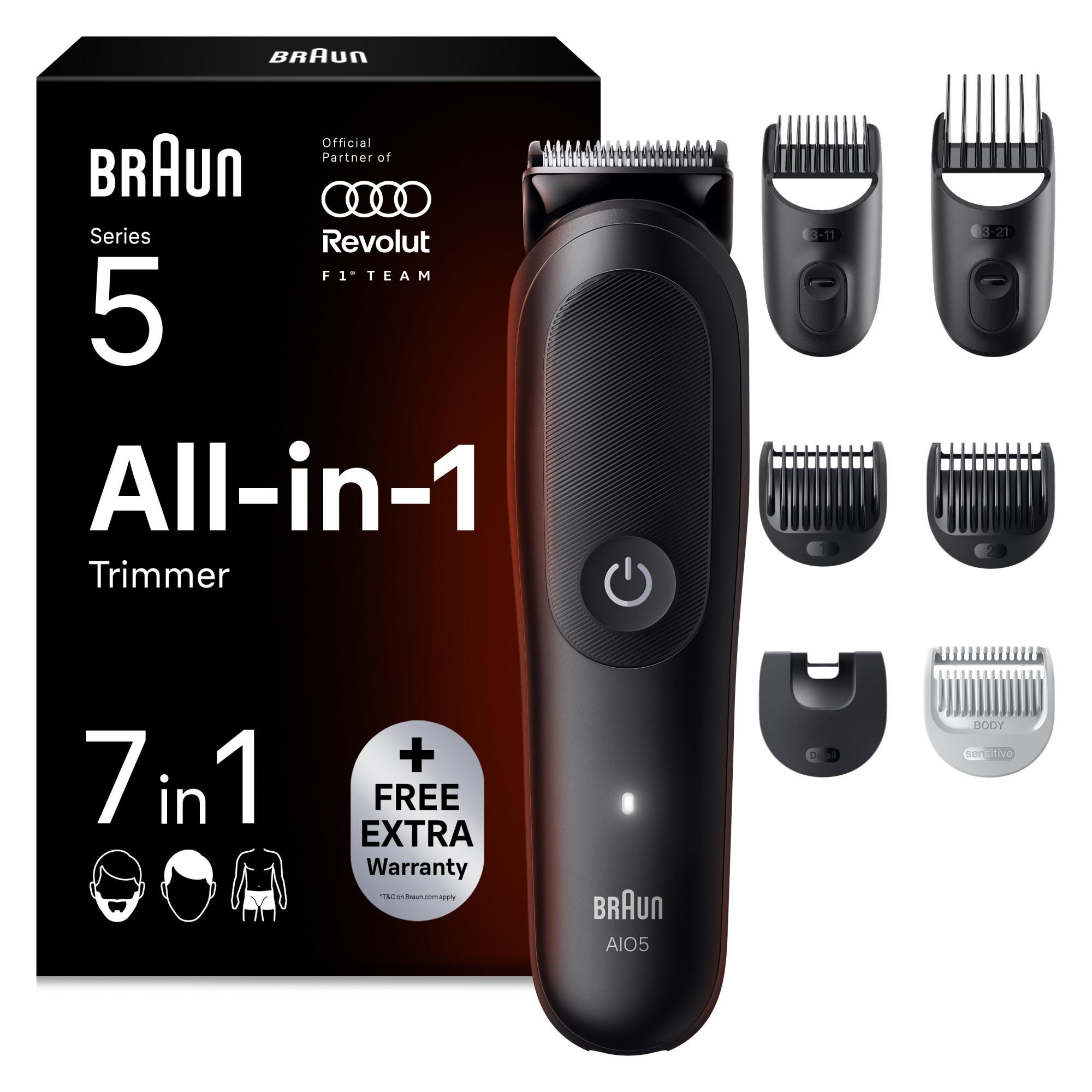 BRAUN All-in-One Series 5, 7-in-1 Set, AIO5520 Multi-Trimmer (All-in-One Groomingset f&uuml;r M&auml;nner, Barttrimmen, Haarschneiden und Pflege des gesamten K&ouml;rpers, ultrascharfe Klinge, SkinGuard-Technology, Sensitiv-Kammaufsatz, 14 L&auml;ngeneinstellungen, AquaGrip-G 