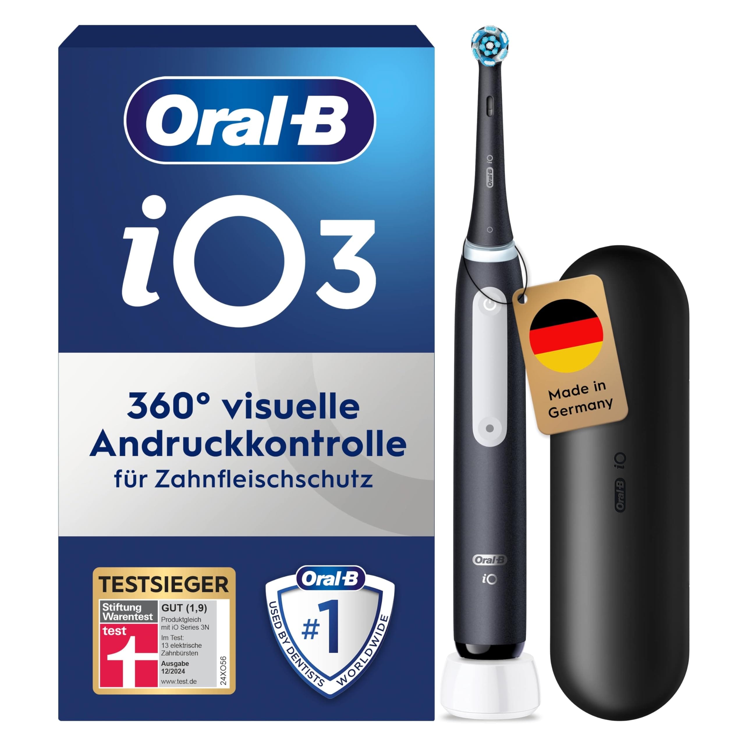 Oral-B iO Series 3 Zahnb&uuml;rste (Magnetische iO-Technologie mit sanften Mikrovibrationen, intelligente Andruckkontrolle, 3 Putzprogramme,  gelbes Licht signalisiert B&uuml;rstenkopfwechsel, Timer, Reiseetui, Matt Black) 
