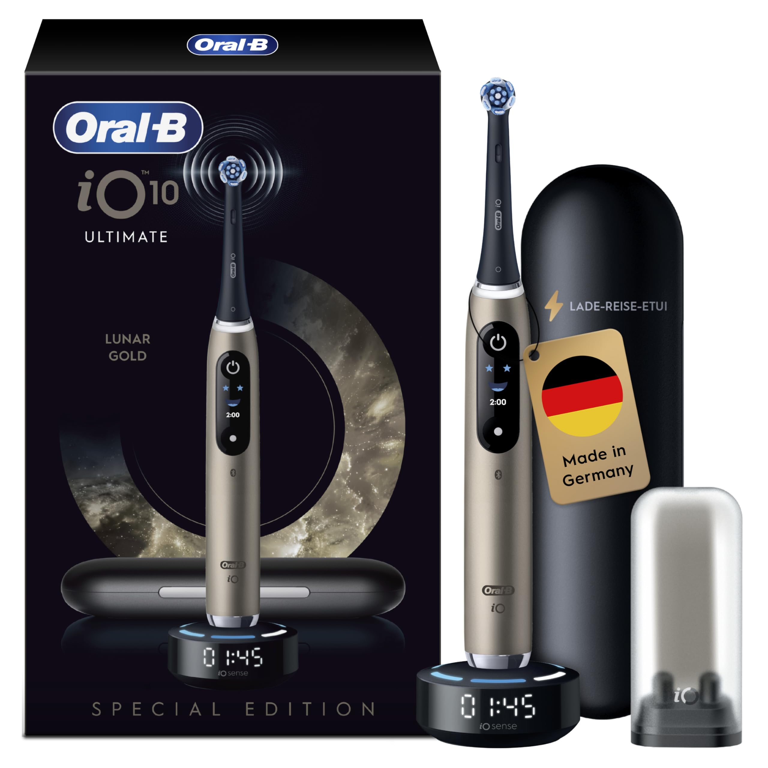 Oral-B iO 10 Lunar Gold Zahnb&uuml;rste (iO Sense, interaktives Smart Display, Echtzeit-Coaching, 7 Putzmodi, Andruckkontrolle, Timer, App-Verbindung m&ouml;glich, Lieferumfang: Elektrische Zahnb&uuml;rste inkl. 1 Aufsteckb&uuml;rste (Ultimative Reinigung), Lade-Reise-Etui, A 