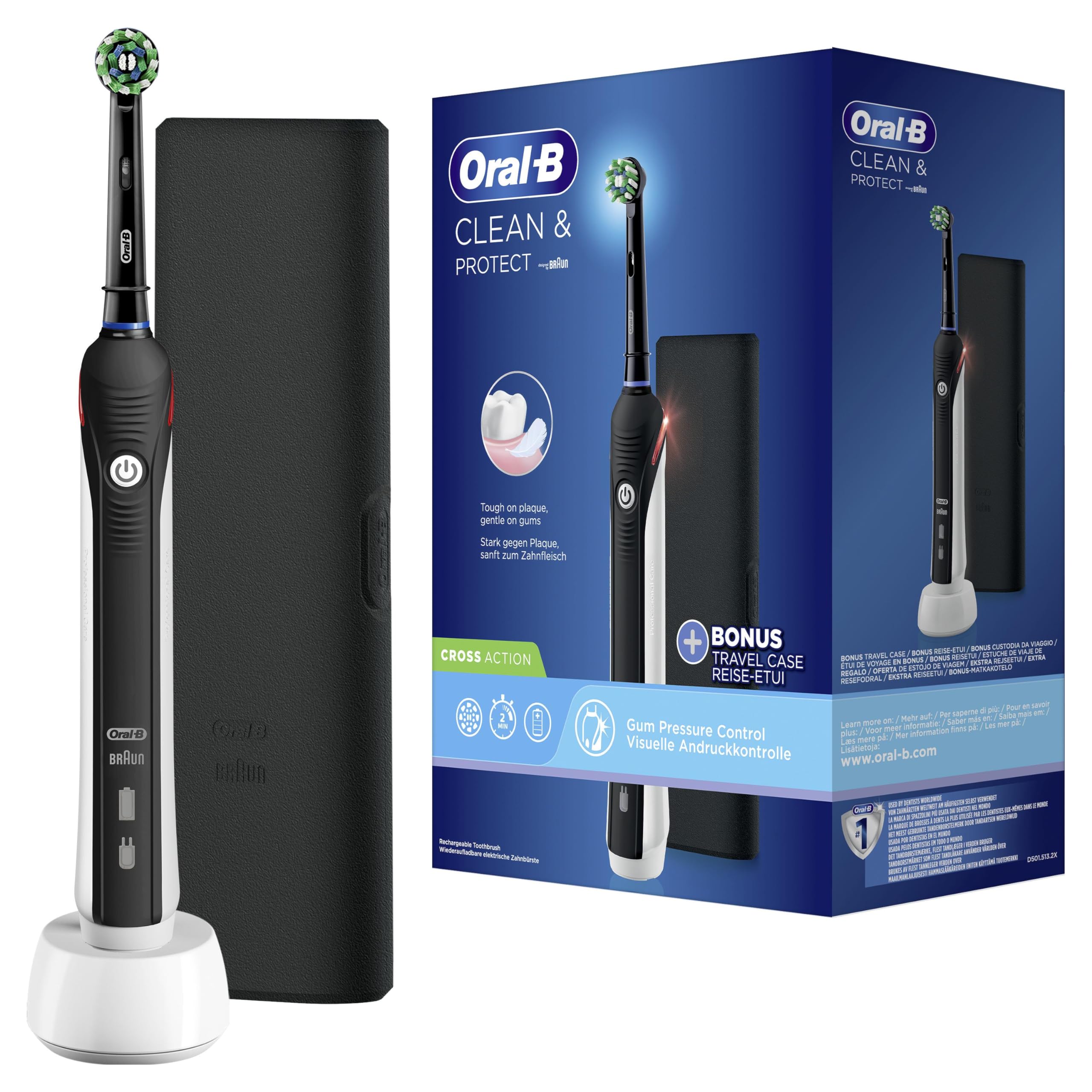 Oral-B Clean & Protect Zahnb&uuml;rste (3D-Technologie, visuelle Andruckkontrolle, 2 Putzprogramme: T&auml;gliche Reinigung und Sensitiv, bis zu 2 Wochen Akku-Laufzeit, integrierter 2-Minuten-Timer, Handst&uuml;ck mit Ladestation, 1 Aufsteckb&uuml;rste, 1 Reise-Etui, made in 