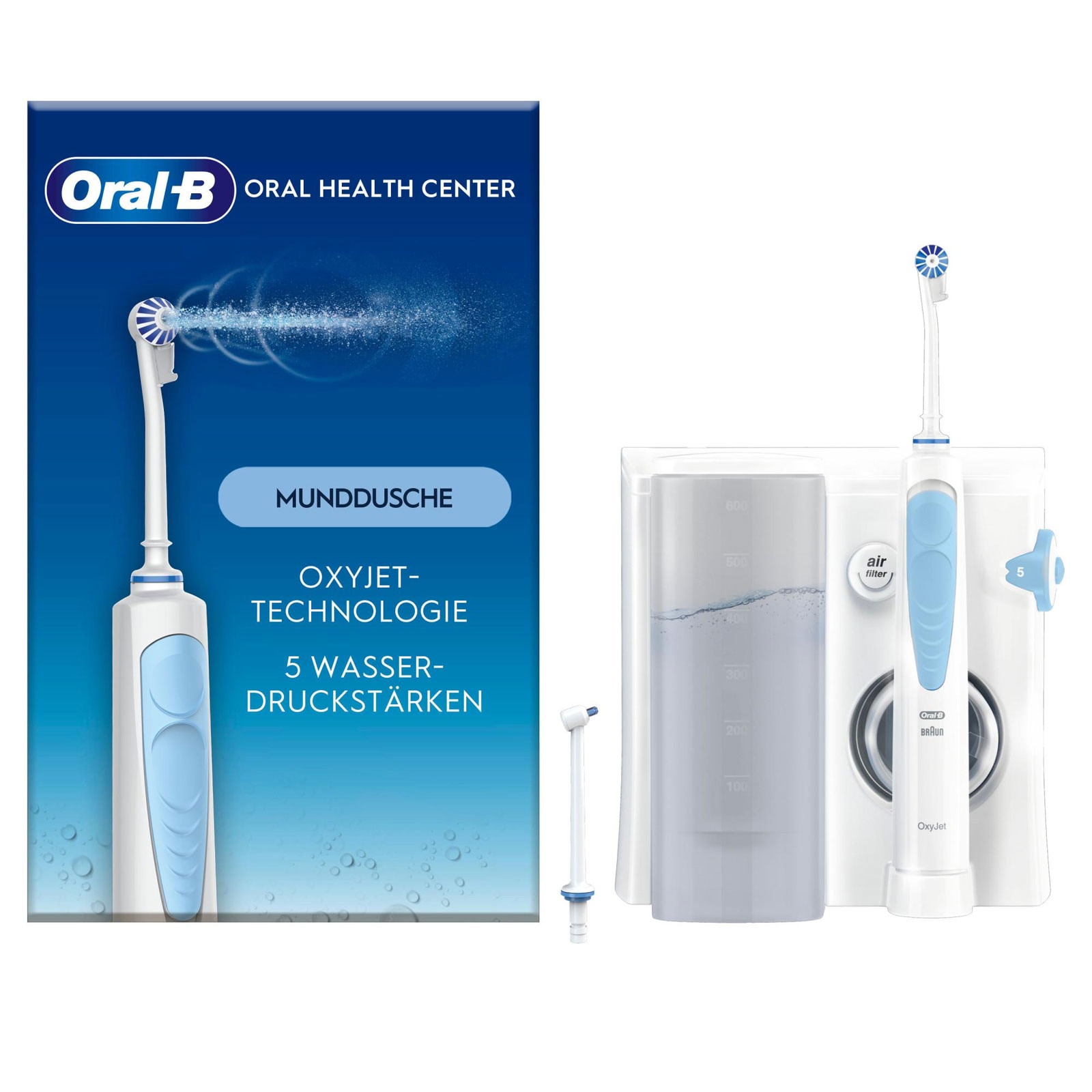 Oral-B Munddusche Oxyjet (Oxyjet-Technologie, 5 Wasserdruck-Stufen, 4 Wasserstrahle, perfekt f&uuml;r Zahnspangen und Implantate 