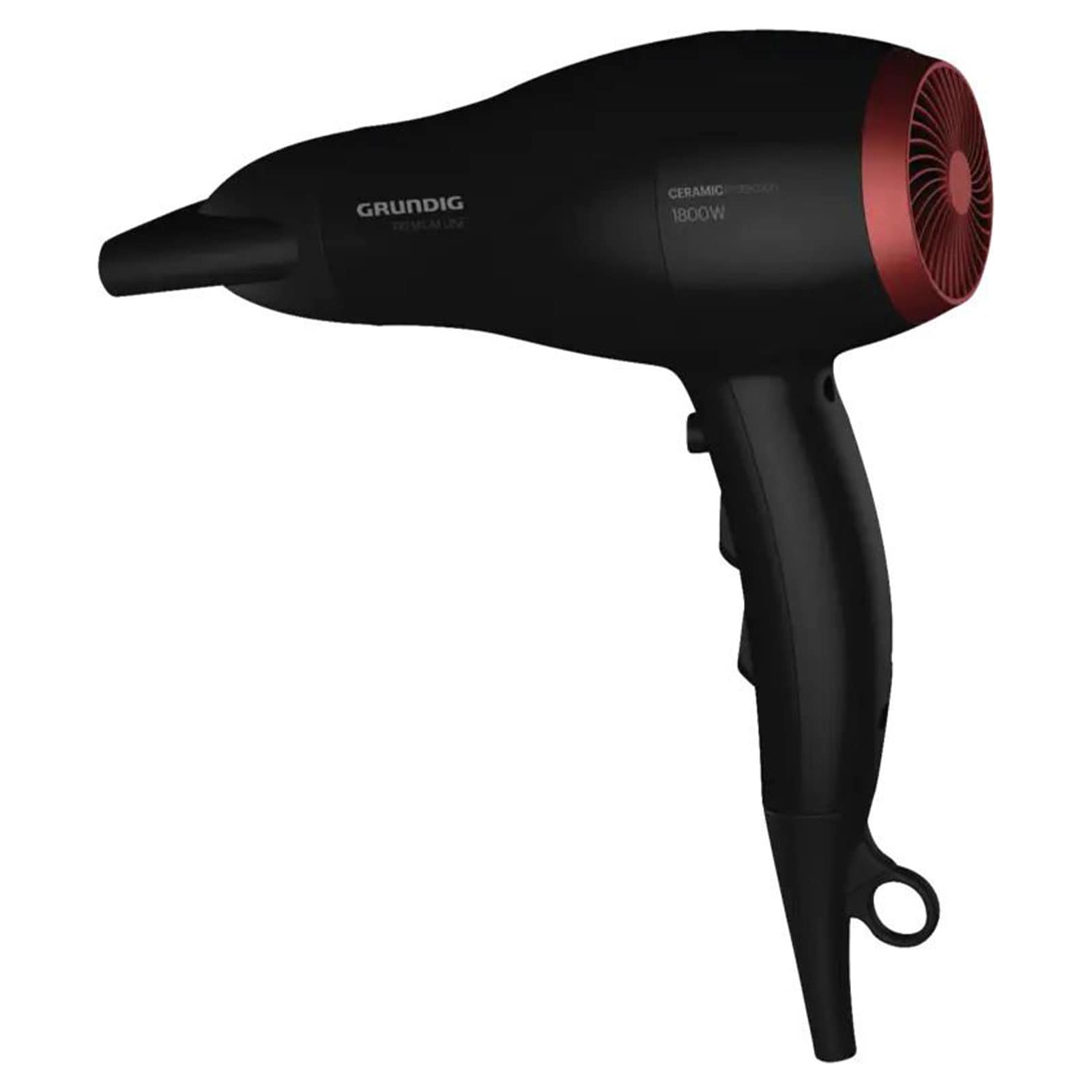 Grundig HD 3700 B Haartrockner (Spezielle Keramikbeschichtung, 2 Luftstromstufen, 3 Temperaturstufen, Kaltstufe, Stylingd&uuml;se, abnehmbares Lufteinlassgitter, Aufh&auml;nge&ouml;se, 1.800 Watt, Schwarz/Kirschrot) 