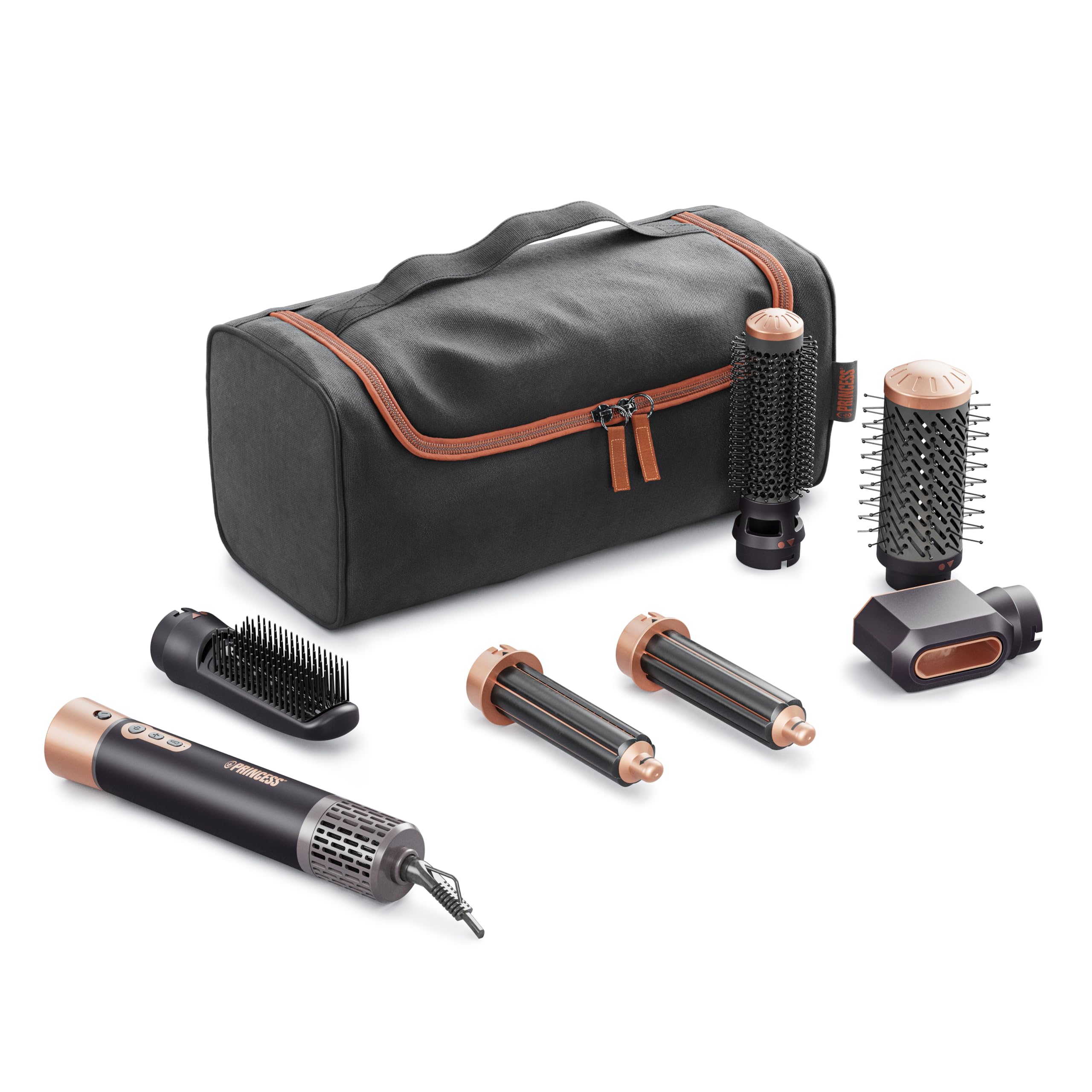 PRINCESS Airstyler Plus 6in1 01.529215.01.001 Haarstyler (1000 Watt, 3 Heiz- und 2 Geschwindigkeitseinstellungen, LED-Lichtanzeige, Ionisch, 360&deg; drehbares Netzkabel, inkl. 1 gro&szlig;e Rundb&uuml;rste, 1 Blasrohr, automatische Wickel-Lockenwickler, 1 Rundb&uuml;rste, 1 