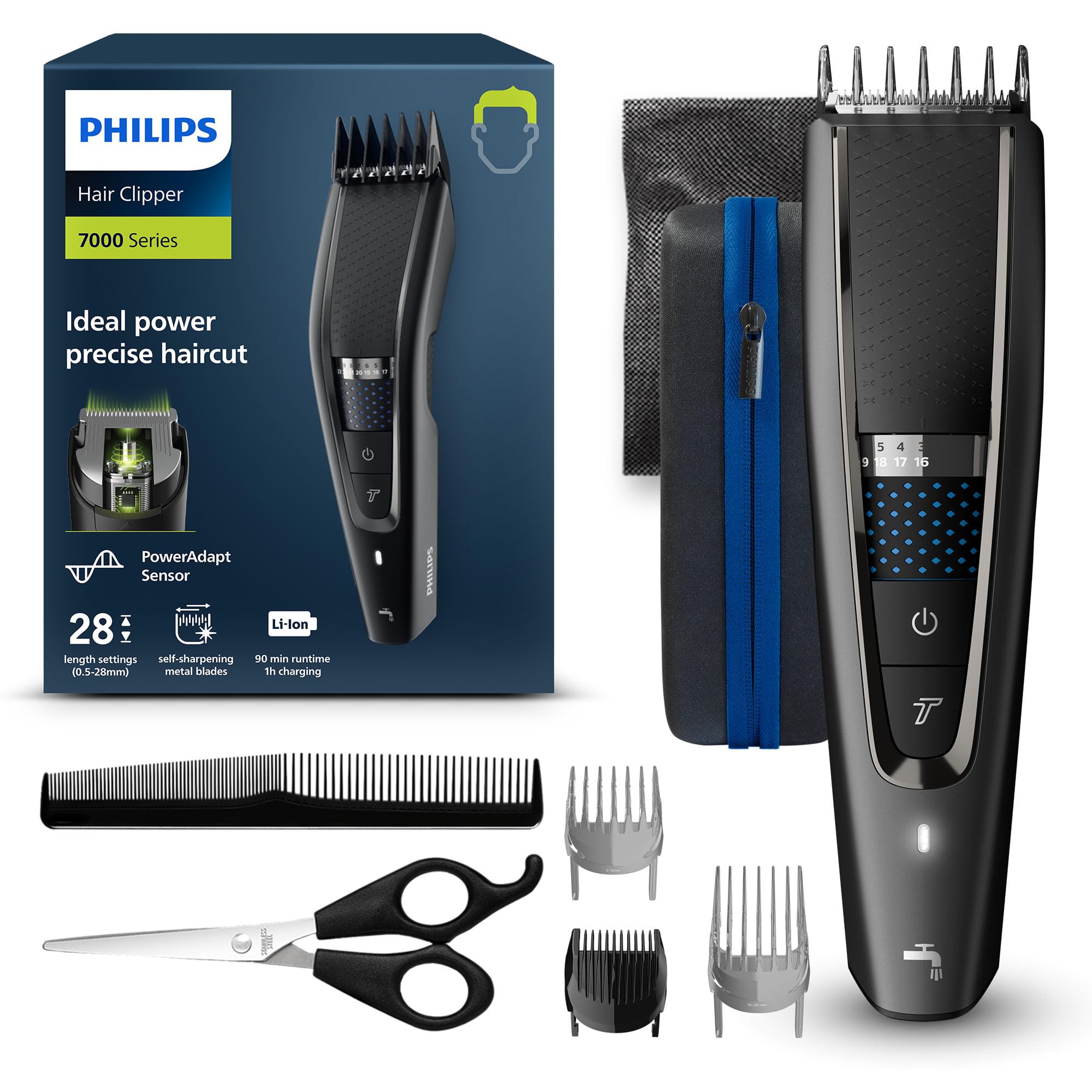 Philips Hairclipper Series 7000 PHI HC7650/15 Haarschneider (Netz-/Akkubetrieb, PowerAdapt Sensor, Trim-and-Flow-Technologie, kein &Ouml;len notwendig, 100 % abwaschbar, Philips DualCut System, Turbo-Modus, 41 mm Schnittbreite, selbstsch&auml;rfende Edelstahlklingen 