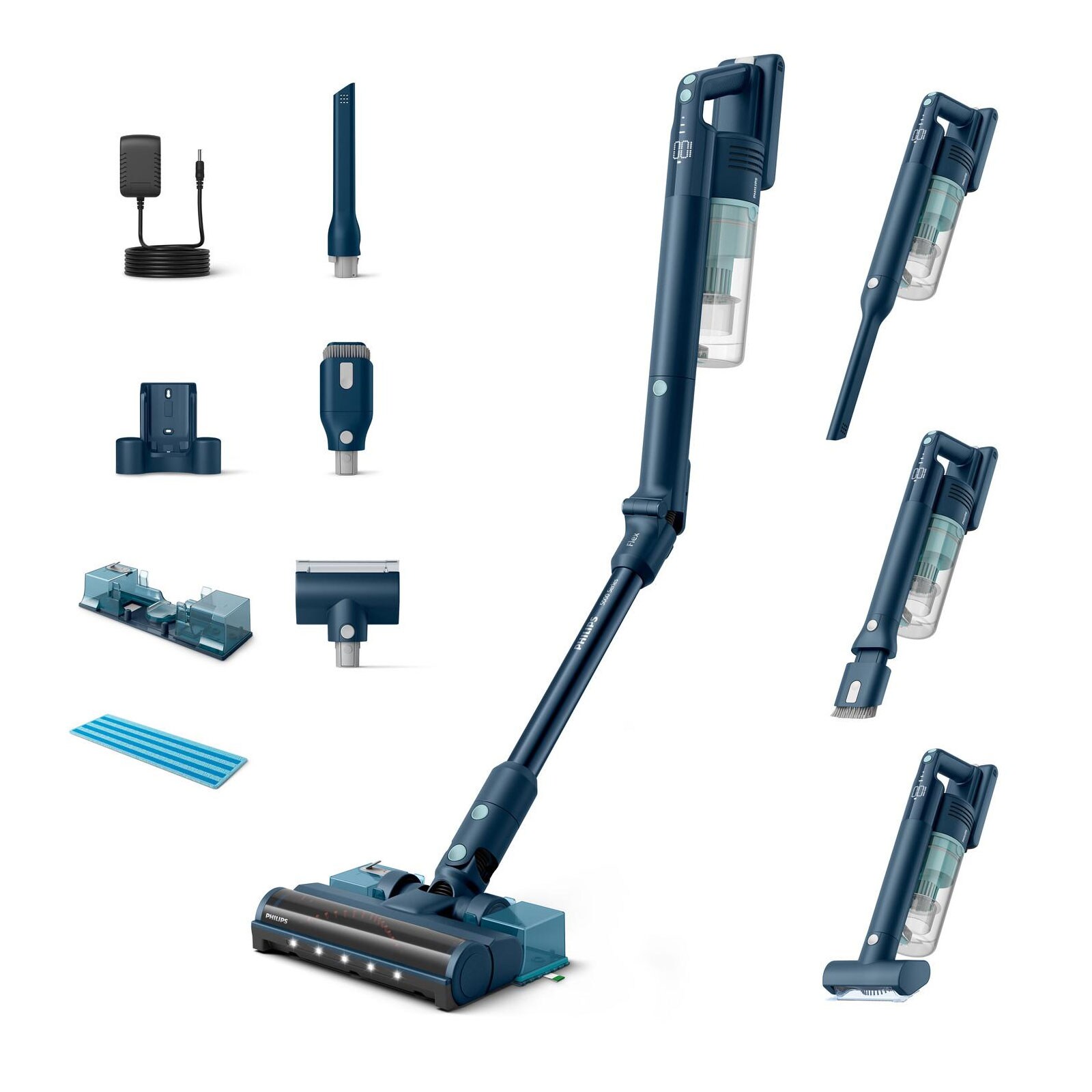 Philips XC5244/10 Flex-it 5000 Series Akku Staubsauger (60 Minuten Laufzeit, LED-D&uuml;se, Hartb&ouml;den & Teppich, Aquamodul, Fugend&uuml;se, 2-in-1 Kombinationsd&uuml;se, MiniTurbo B&uuml;rste | Salbeiblau) 