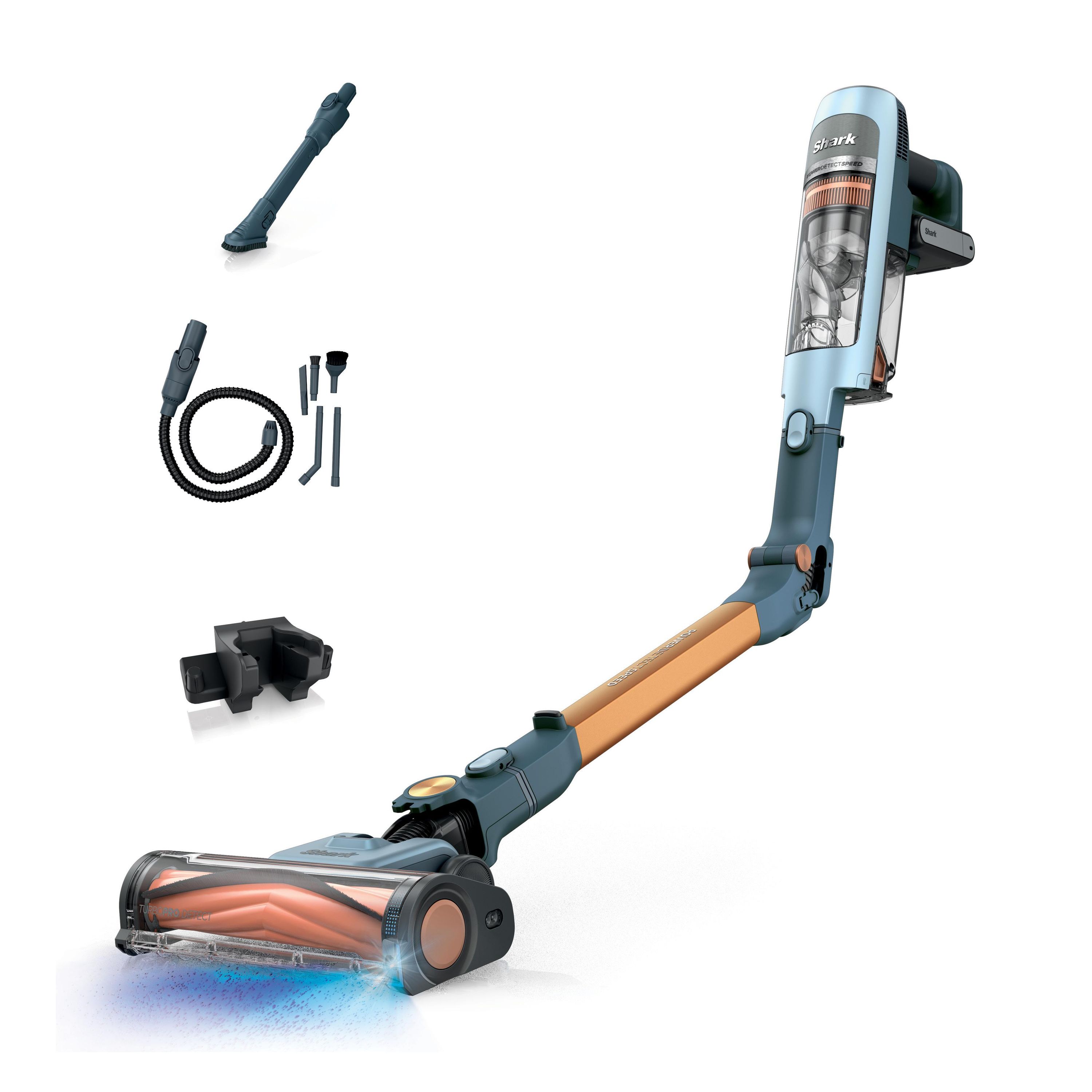Shark IA1244EU Akku Staubsauger (kabellos, beutellos, 350 Watt, 0,5 l Fassungsverm&ouml;gen, Ladestation, Wandhalterung, Auto-Reinigungsset, Eisblau) 