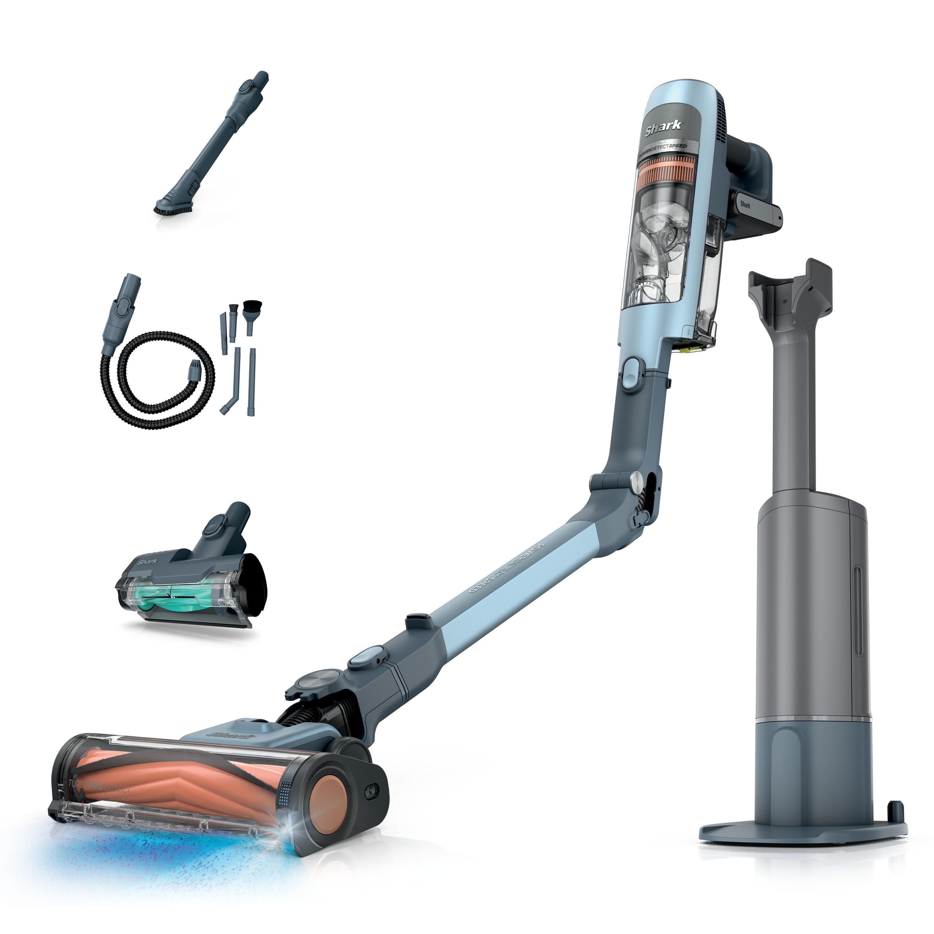 Shark IA3244EUT Akku Staubsauger (kabellos, beutellos, 350 Watt, 0,5 l Fassungsverm&ouml;gen, automatisch entleerende Ladestation, 20 cm Staubb&uuml;rste Fugend&uuml;se, Anti-Geruchs-Kartusche, Eisblau) 