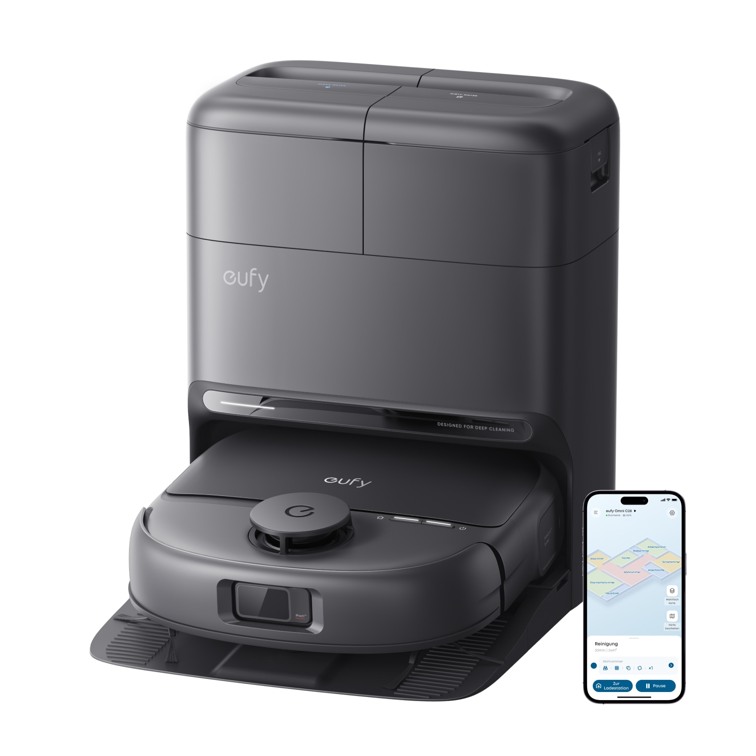eufy Robot Vacuum Omni C28 Saugroboter mit Wischfunktion (HydroJet&trade; selbstreinigende Wischrolle, 15.000 Pa Turbo-Saugkraft, 5-in-1 Omni-Station, Anti-Verwicklung-B&uuml;rste, KI-Hinderniserkennung) 