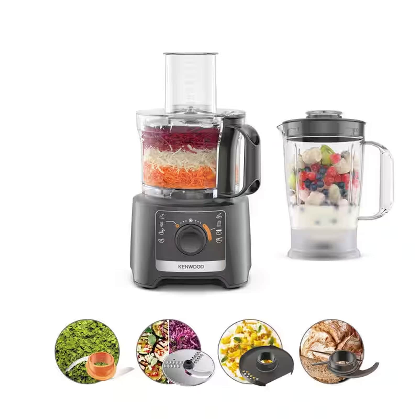 KENWOOD FDP31.360GY MultiPro Compact K&uuml;chenmaschine (800 Watt, 2 Geschwindigkeitsstufen, Impulsfunktion, 2,1 Liter Kompakte-K&uuml;chenmaschine, 1,2 Liter Standmixer, Teighaken, Messereinsatz, 2mm und 4mm Schneid-/Raspelscheibe, Zitruspresse, Emulgierscheibe, 