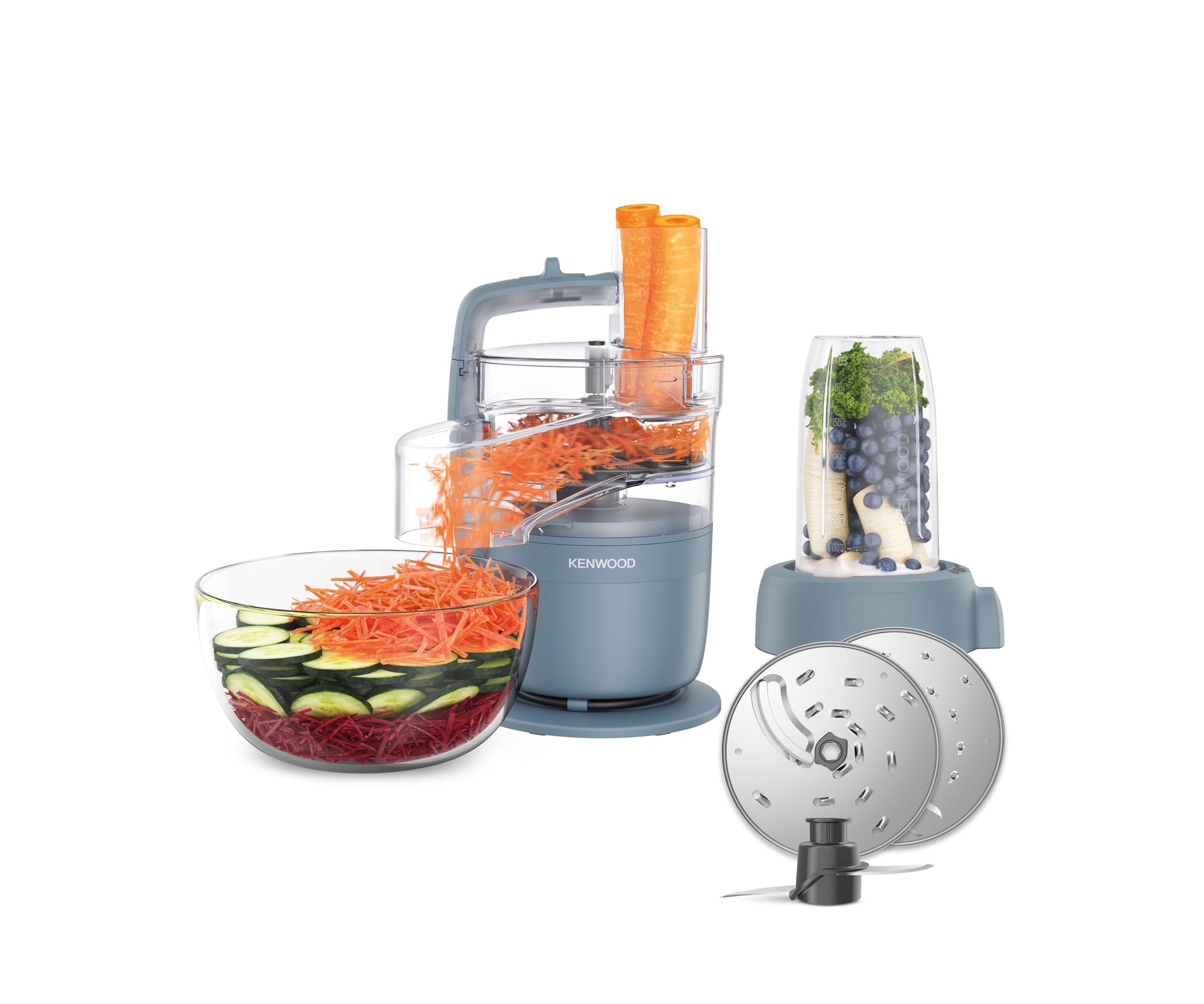 KENWOOD MultiPro Go Blend FDP23.380GY Kompakt-K&uuml;chenmaschine (Vielseitiger kompakter Food Prozessor, 360&deg; Express Serve&trade; Funktion, 1,3 l Arbeitsbeh&auml;lter (0,7 l Arbeitsmenge), 600ml Smoothie-Maker-Aufsatz mit Deckel, Edelstahlmesser (auch zur Teigherstellun 