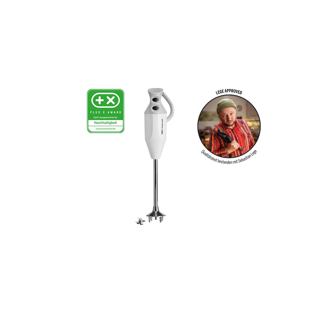 ESGE Zauberstab P 350 Profi Stabmixer (350 Watt, Spiralkabel 60-150 cm, Sicherheits-Twinschalter, KB-Zeit: 5 Minuten, Eintauchtiefe bis ca. 29 cm, AC-Motor Made in Switzerland, Aufsteckzentrierung, Zubeh&ouml;r Multimesser, Farbe Wei&szlig;/Grau) 
