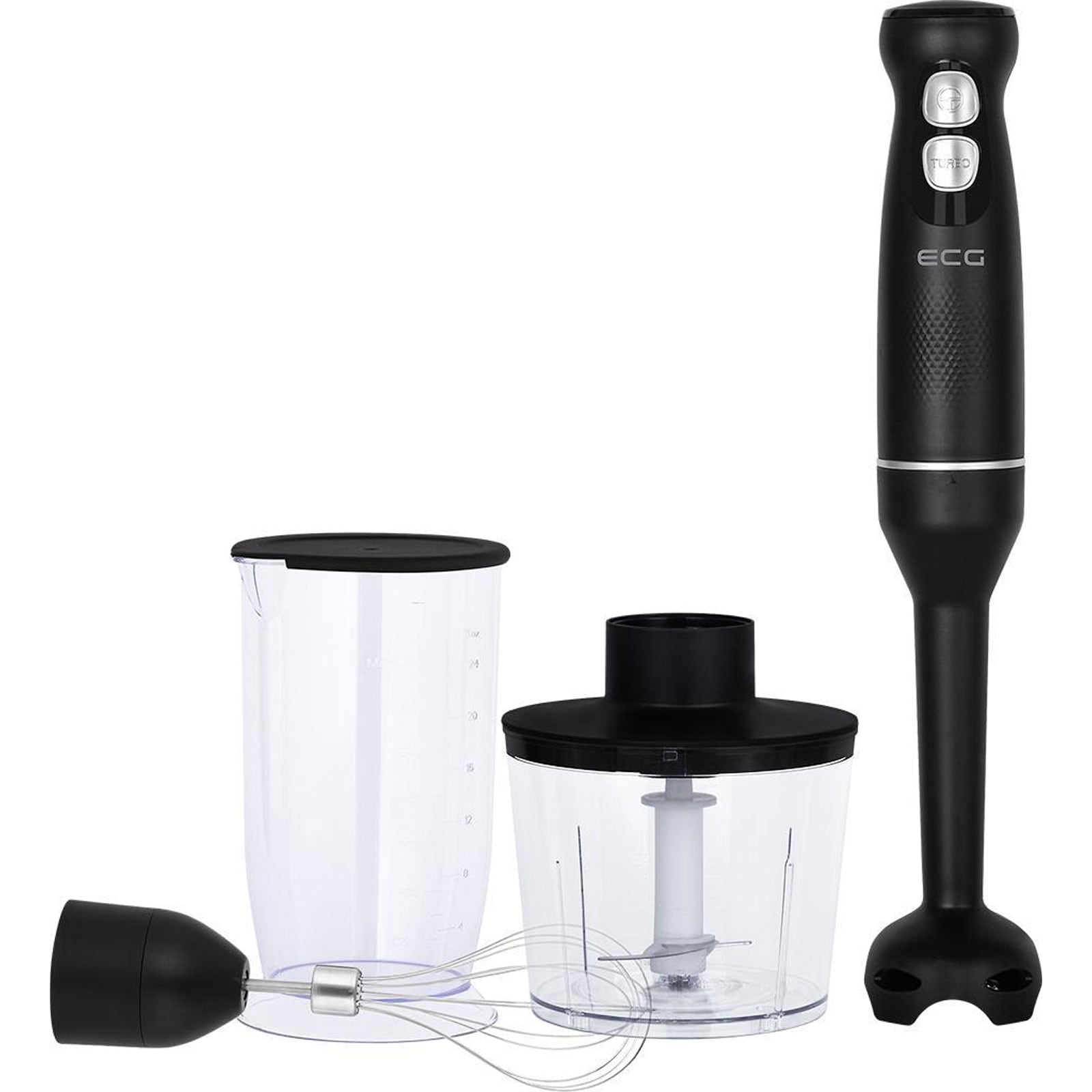 ECG RM 100 Max Black Stabmixer-Set (400 Watt, intuitive Steuerung, Turbo-Taste, Edelstahl Mixaufsatz, Edelstahlklingen, Mixbeh&auml;lter (600 ml) mit Messbecher und Deckel, Schneebesen, 500 ml Zerkleinerer, Schwarz) 
