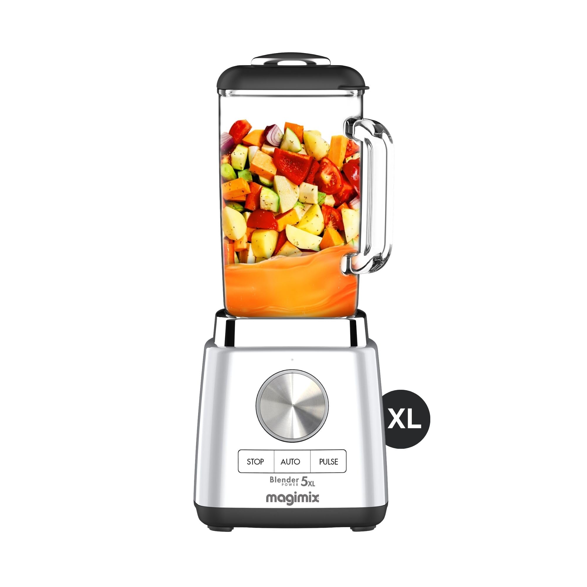 Magimix Power Blender 5XL chrome matt Standmixer (1.500 Watt, 2 Liter Glasbeh&auml;lter, bis 22.000 U/min., 4 Automatikprogramme: Crushed Ice, Smoothies, Suppen, Desserts, Auto-Rinse-Funktion, Silber/Transparent) 