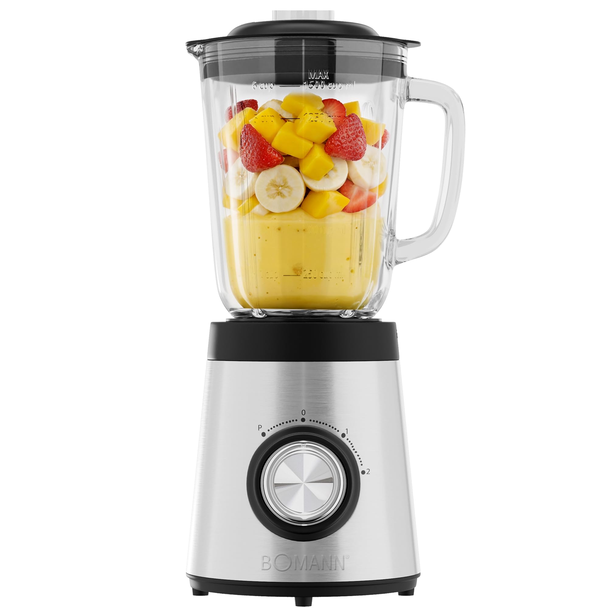 Bomann UM 6084 CB Standmixer (700 Watt, Universalmixer mit Edelstahlgeh&auml;use, 4 Geschwindigkeitsstufen (0/1/2 + Puls-/Turbofunktion), Glas-Mixbeh&auml;lter 1,5 l mit Skala, Nachf&uuml;ll&ouml;ffnung, 4-fach Edelstahl-Spezialmesser, Sicherheitsschaltung, gummierte F&uuml;&szlig;e, Ed 