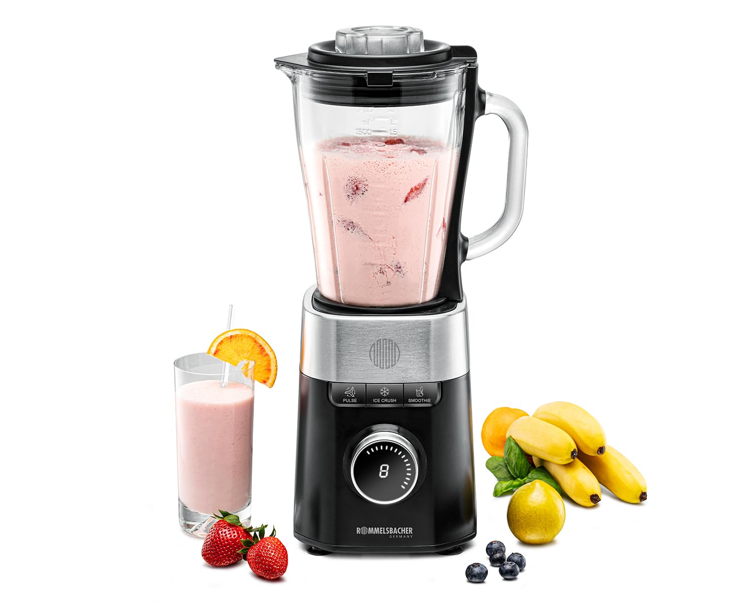 ROMMELSBACHER MX 1260 Standmixer (1.200 Watt, 1,5 Liter Glaskrug, 8 Stufen und Pulse-Funktion, 2 Automatik Programme ?Ice Crush? &; ?Smoothie?, gro&szlig;er Bedienknebel und LED-Anzeige, 6-fl&uuml;geliges Edelstahlmesser, Edelstahl/Schwarz/Glas) 