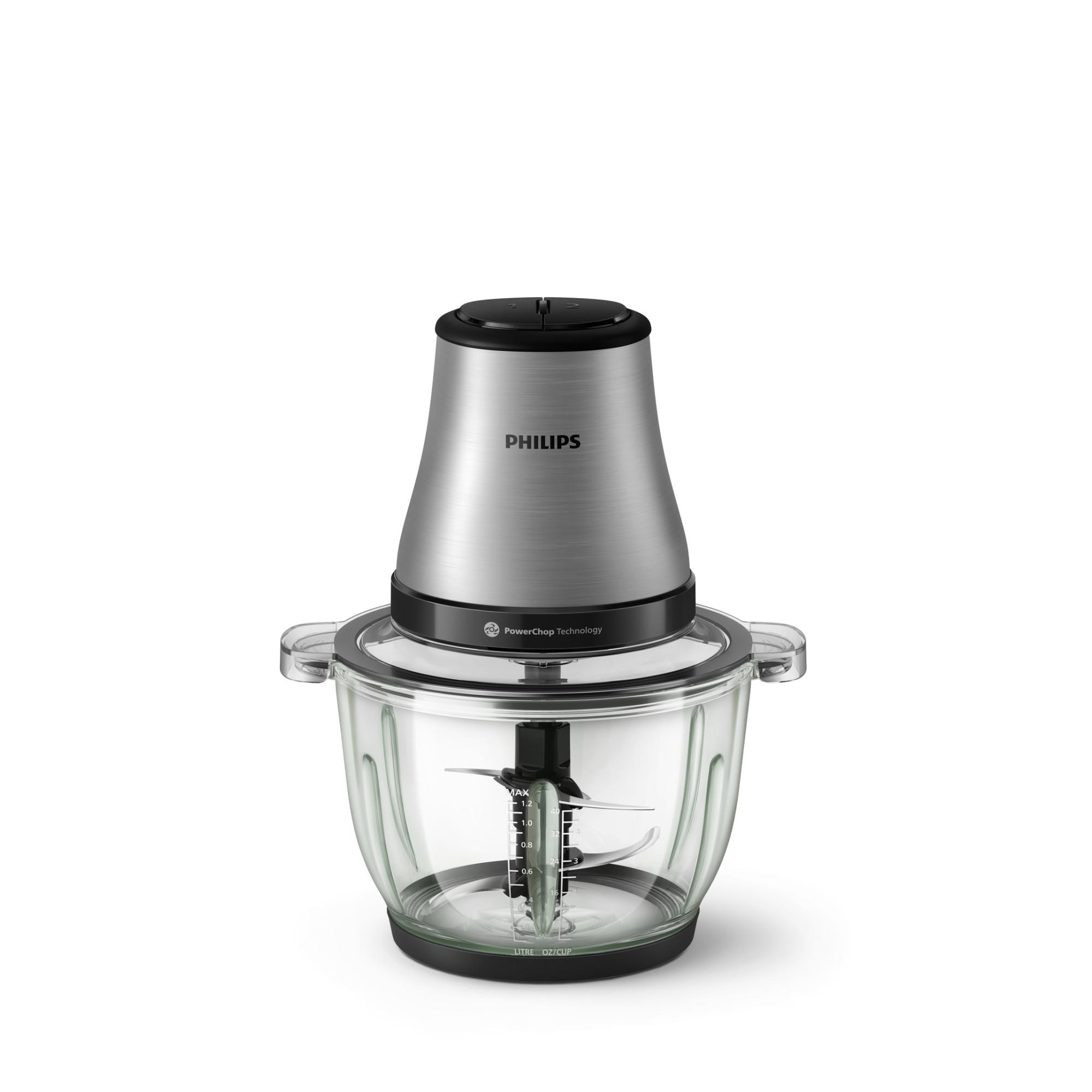 Philips HR1503/00 3000 Series Zerkleinerer (500 Watt, 2 Liter Glassch&uuml;ssel, 2 Geschwindigkeiten, PowerChop Technologie, 4 Edelstahlklingen, Anti-Rutsch-F&uuml;&szlig;e, sp&uuml;lmaschinenfest, Edelstahl) 