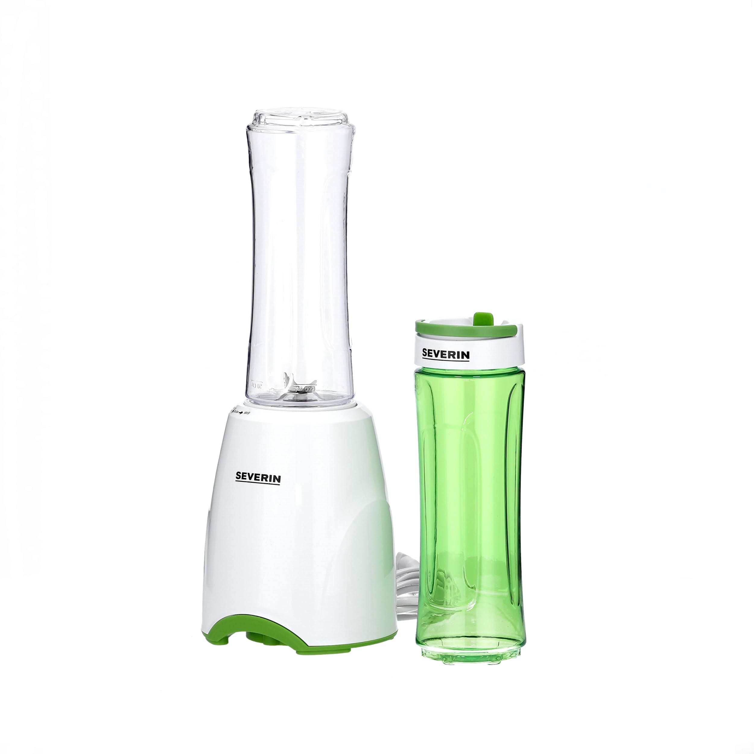 SEVERIN Standmixer SM 3735 Smoothie Mix & Go (300 Watt, 2 abnehmbare Trinkbeh&auml;lter 600 ml inkl. Deckel, 4-fl&uuml;geliges Edelstahlmesser, 1 Geschwindigkeitsstufe, bis 24.000 U/min., Pulsfunktion, Wei&szlig;/Gr&uuml;n) 