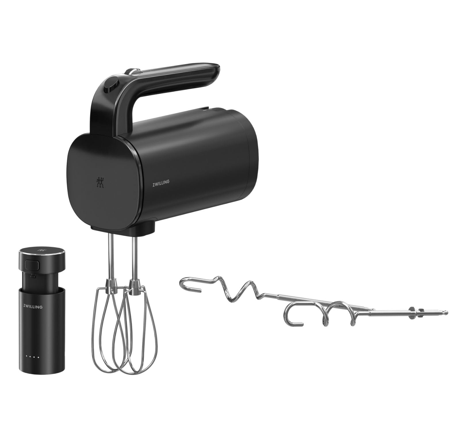 ZWILLING XTEND Handmixer-Set (120 Watt, kabellos, batteriebetrieben, 3 Geschwindigkeitsstufen, 2 R&uuml;hrbesen, 2 Knethaken, Ladestation mit Powerbank-Funktion, 12V Lithium-Ionen-Akku, USB-Ladekabel, Schwarz) 