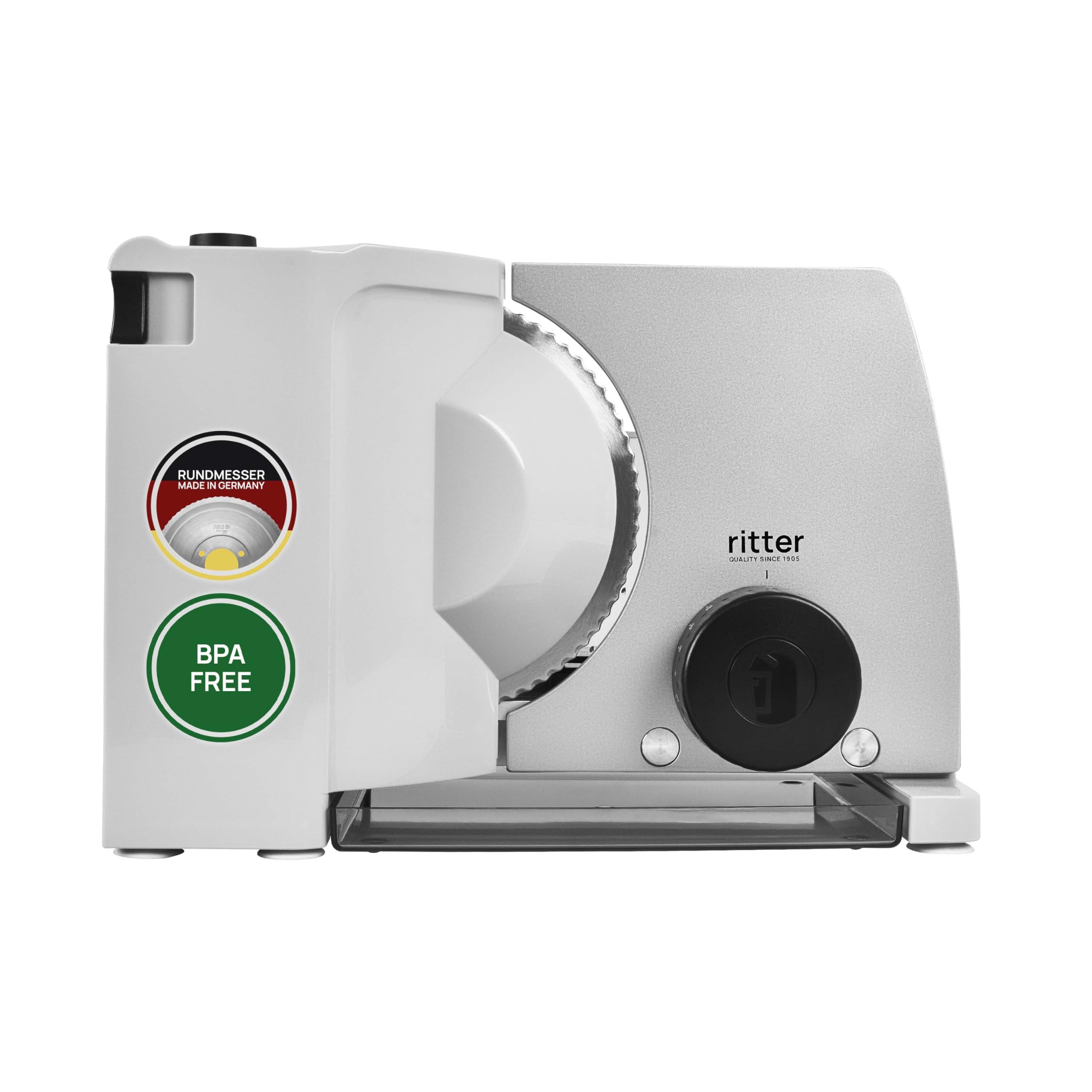 RITTER compact7 Allesschneider (65 Watt Ecomotor, Metallausf&uuml;hrung, Wellenschliffmesser 17 cm &Oslash;, Schnittst&auml;rkeeinstellung bis ca. 23 mm, Sicherheits-Moment- und Dauerschalter, abnehmbarer Schlitten, Schneidgut-Auffangschale und Kabeldepot, Silbermetallic) 