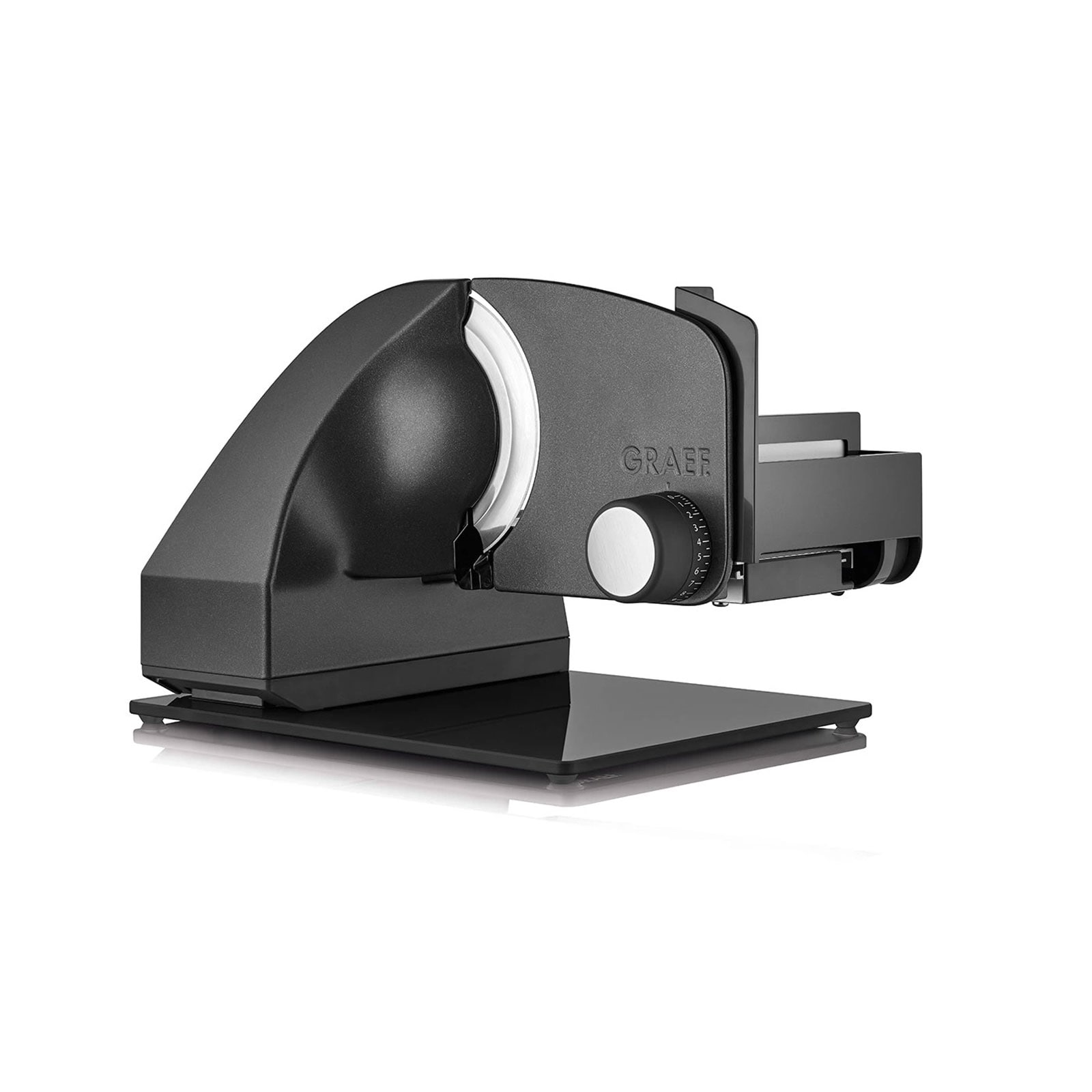 GRAEF Allesschneider Master M95 eisenglimmergrau (170 Watt Kondensatormotor, Metall, elektrisch, 30&deg; Kippfunktion, Moment- und Dauerschalter, Kindersicherung, Vollstahlmesser mit Hohlschliff &Oslash; 17 cm, inkl. Edelstahltablett, Messersch&auml;rfer, Messerabnahmevo 