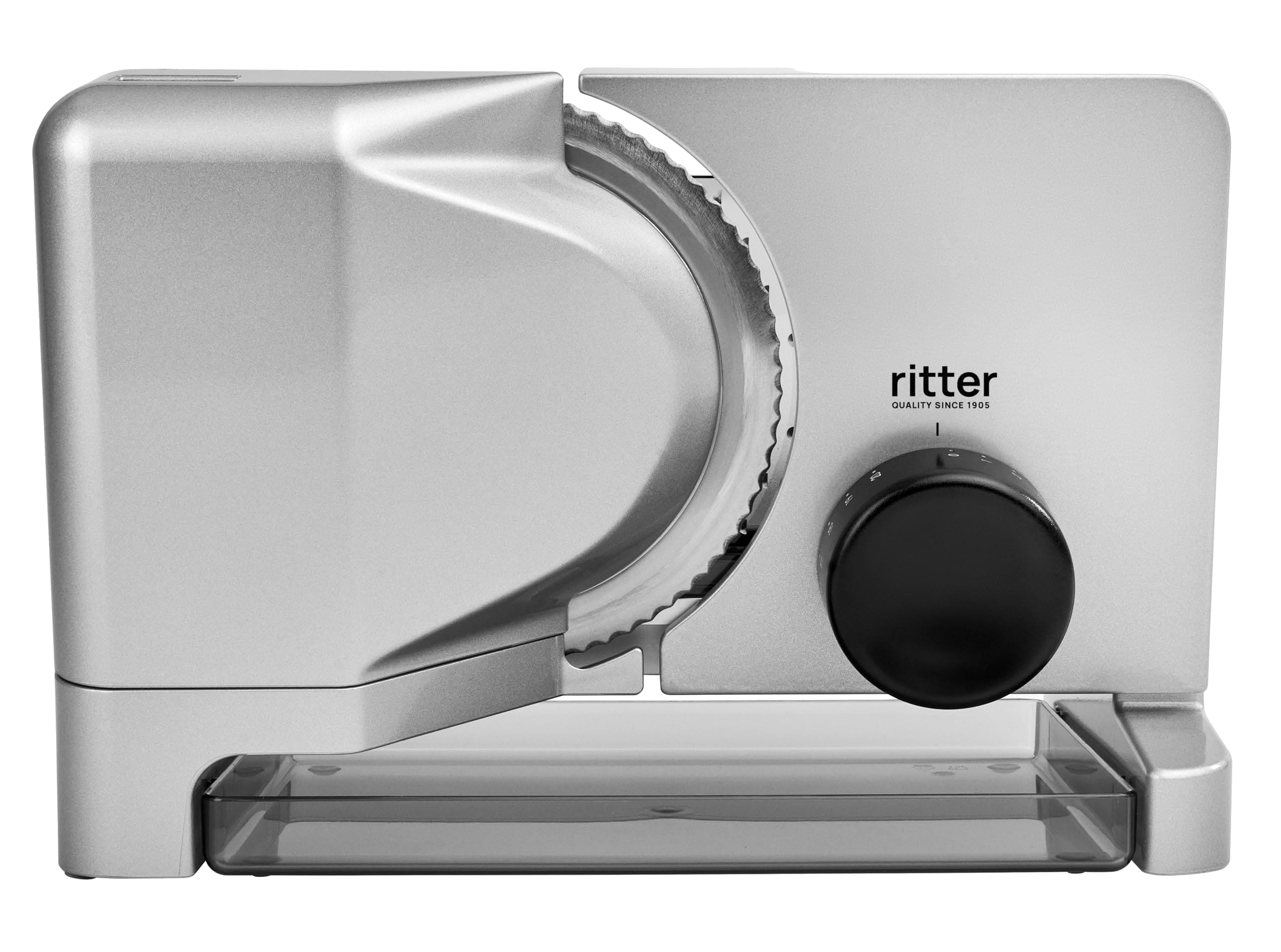 RITTER E 16 silber Allesschneider (65 Watt, Metallausf&uuml;hrung, schr&auml;g gestellt, Wellenschliffmesser, 17 cm &Oslash;, Schnittst&auml;rkeeinstellung bis ca. 20 mm, Sicherheits-Moment- und Dauerschalter, Made in Germany, Silbermetallic) 