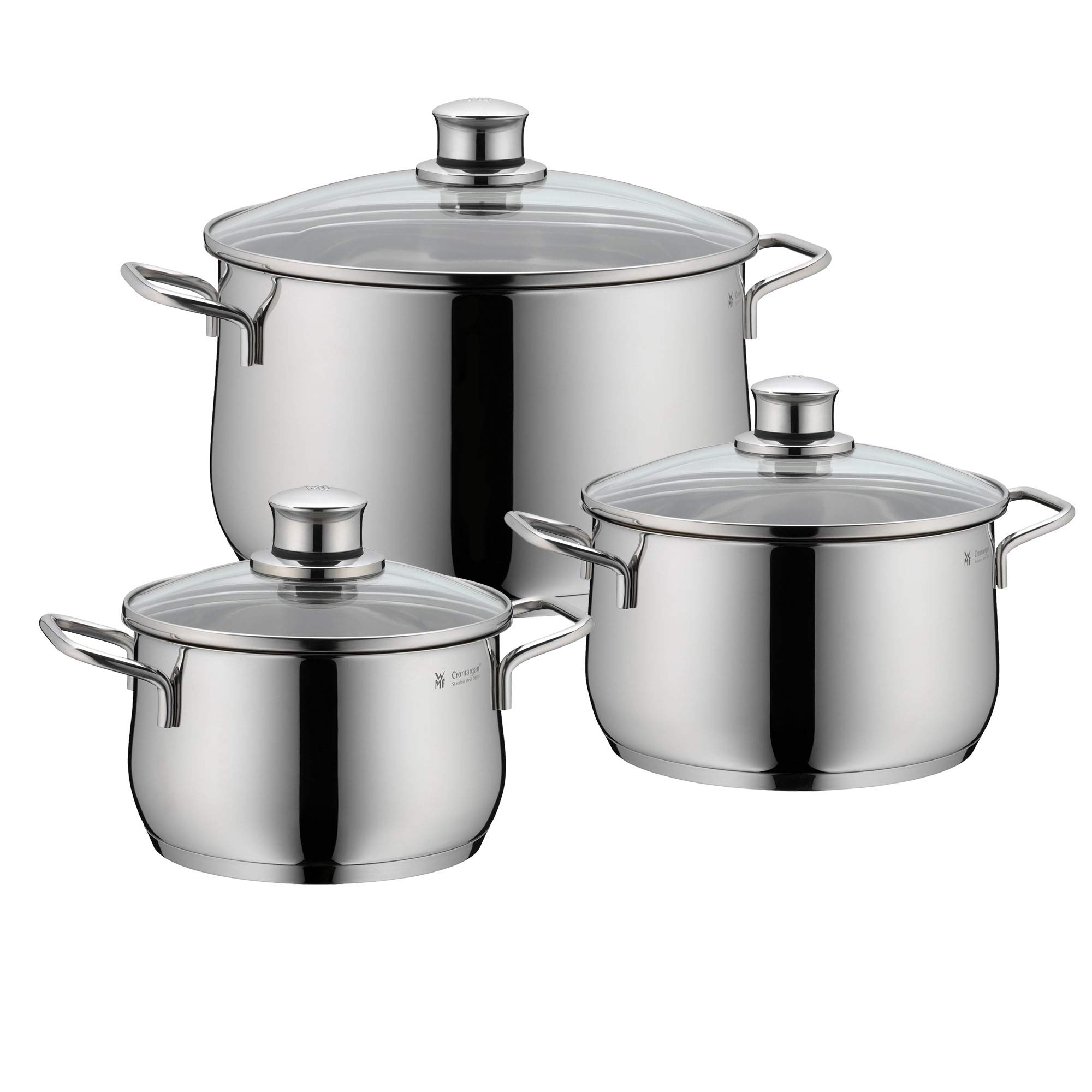 WMF Diadem Plus Topf-Set 3-tlg Kochgeschirrset (3x Fleischtopf mit Glasdeckel &Oslash; 16 cm (ca. 2l), 20 cm (ca. 3,7l), 24 cm (ca. 6,5l), breiter Sch&uuml;ttrand, rostfreier Edelstahl 18/10, hochwertige Glasdeckel, energiesparende TransTherm&reg;-Allherdb&ouml;den, geeignet f 