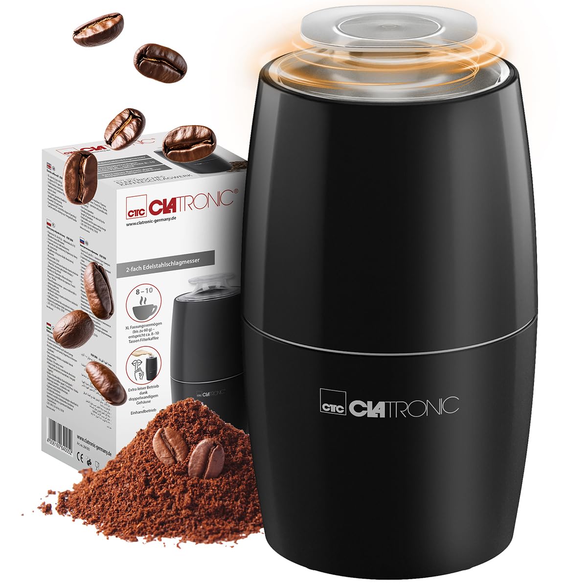 CLATRONIC KSW 3806 Schwarz Kaffeem&uuml;hle (150 Watt, XL Fassungsverm&ouml;gen (bis zu 60 g), 2-fach Edelstahlschlagmesser, Edelstahlbeh&auml;lter, extra leiser Betrieb, transparenter Deckel, Sicherheitsschaltung, Einhandbetrieb, Schwarz) 