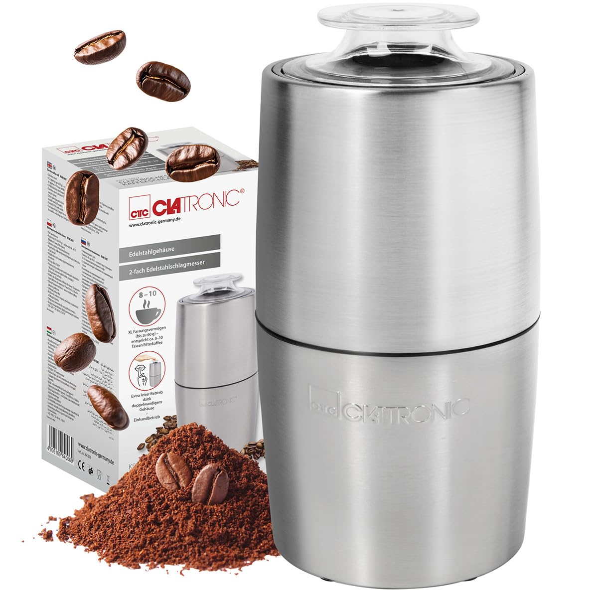 CLATRONIC KSW 3807 Edelstahl Kaffeem&uuml;hle (150 Watt, XL Fassungsverm&ouml;gen (bis zu 60 g), 2-fach Edelstahlschlagmesser, Edelstahlbeh&auml;lter, extra leiser Betrieb, transparenter Deckel, Sicherheitsschaltung, Einhandbetrieb, Edelstahl) 