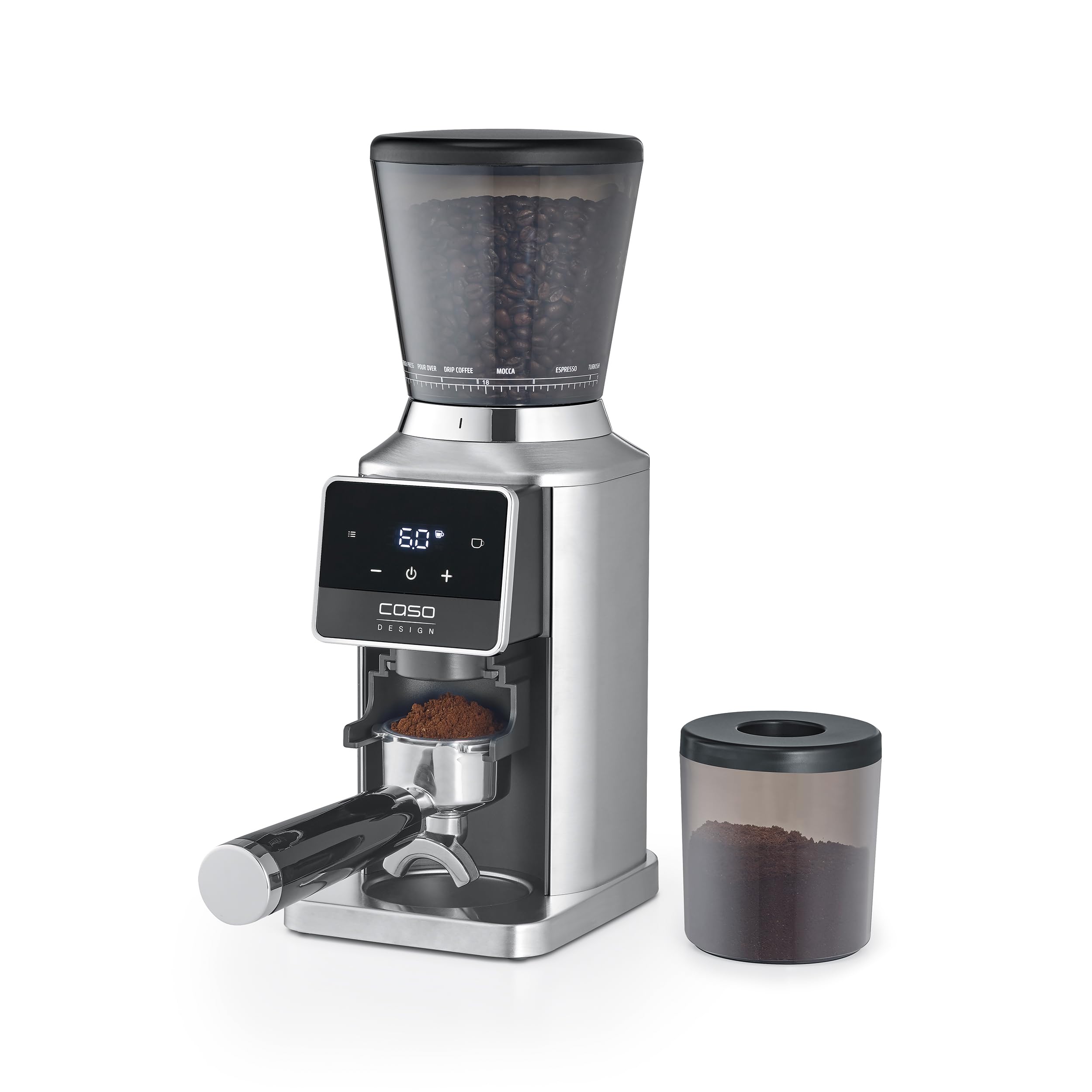 Caso BaristaChef Inox Pro 1837 Kaffeem&uuml;hle (180 Watt, Touch-Display, Edelstahlgeh&auml;use und ?Anti-Fingerprint?-Oberfl&auml;che, Zero Retention Technologie, Edelstahl-Kegelmahlwerk, 34 Mahlgradstufen, Memory-Funktion, Bohnenbeh&auml;lter 320 g, Auffangbeh&auml;lter f&uuml;r 130 