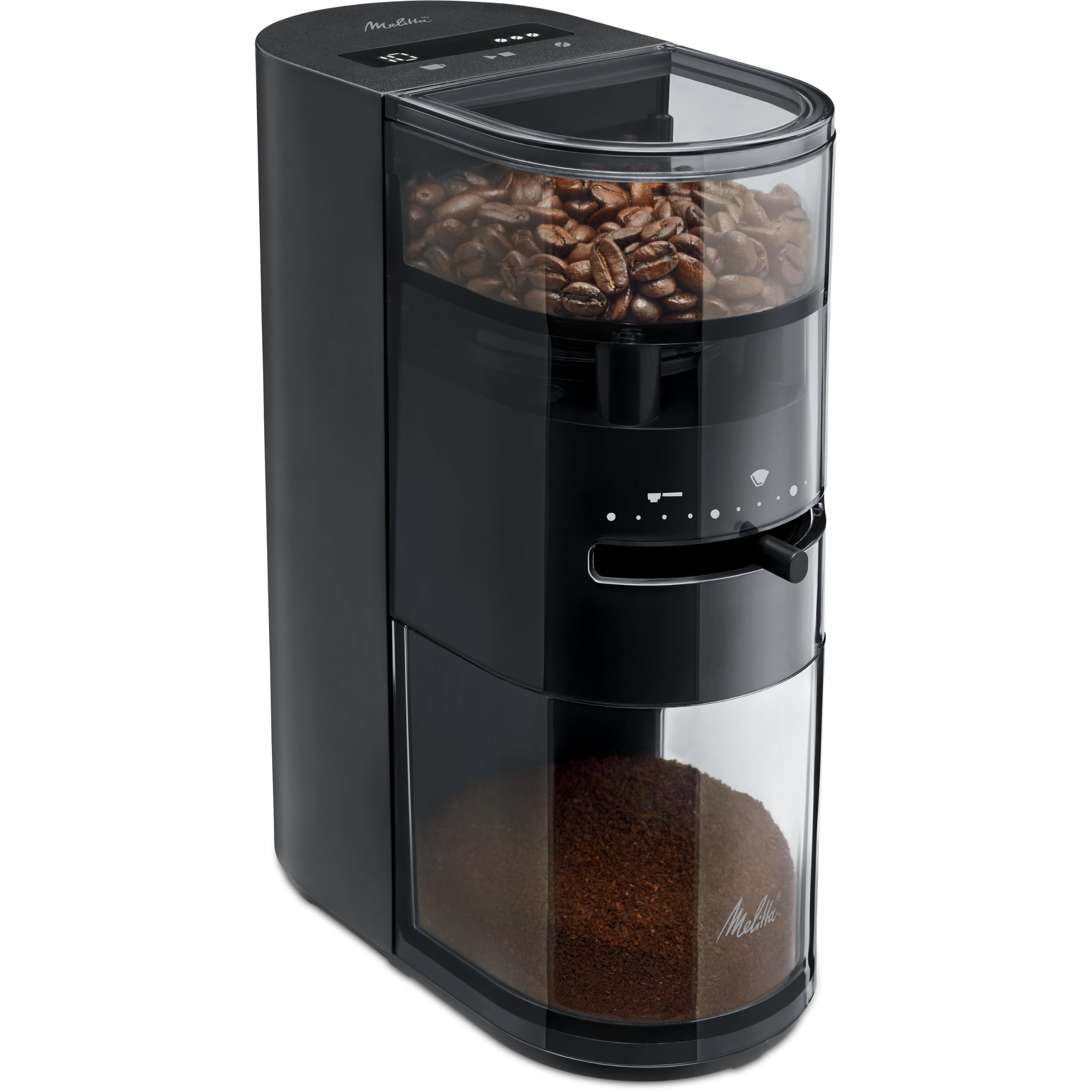 MELITTA Linea&reg; 1032-01 Schwarz Kaffeem&uuml;hle (160 Watt, Kegelmahlwerk aus Edelstahl, 13 Mahlgradeinstellungen, Touch-Bedienung und LCD-Display, Ionisator-Technologie, 100 g Fassungsverm&ouml;gen (Bohnenbeh&auml;lter), Reinigungspinsel, Gummif&uuml;&szlig;e und Sicherheitsverrieg 