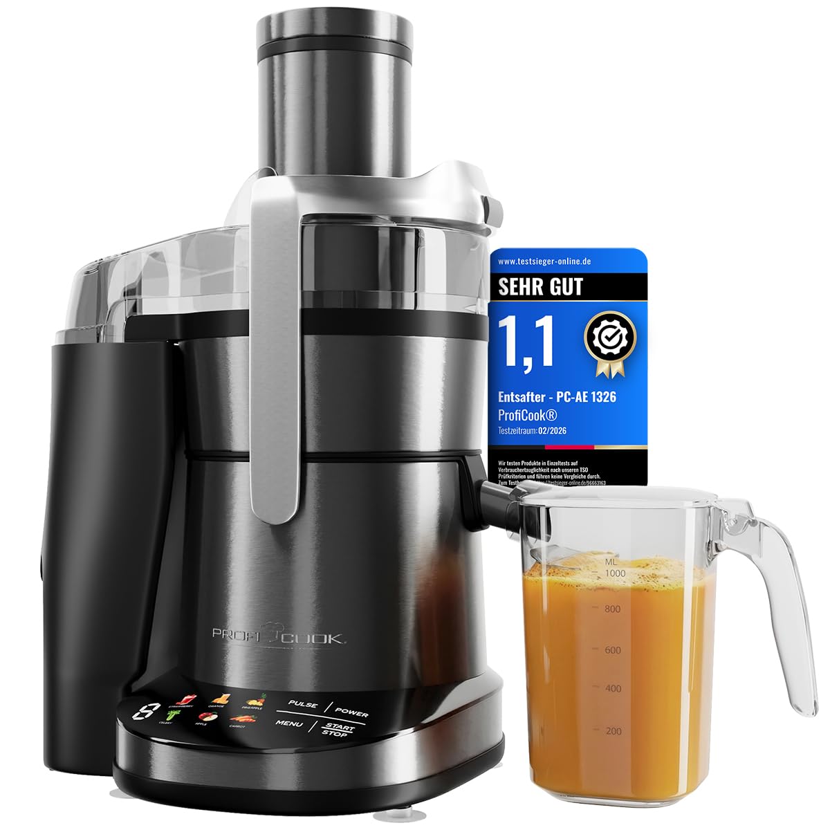 PROFICOOK PC-AE 1326 dark inox Entsafter (Edelstahl-Einf&uuml;llschacht 8,5 cm, Saftbeh&auml;lter ca. 1 Liter, Tresterbeh&auml;lter ca. 2 Liter, extra feines Mikrosieb aus Edelstahl, Multicolor-Grafikdisplay mit Sensor Touch-Bedienung, 1000 Watt, Dark Inox) 