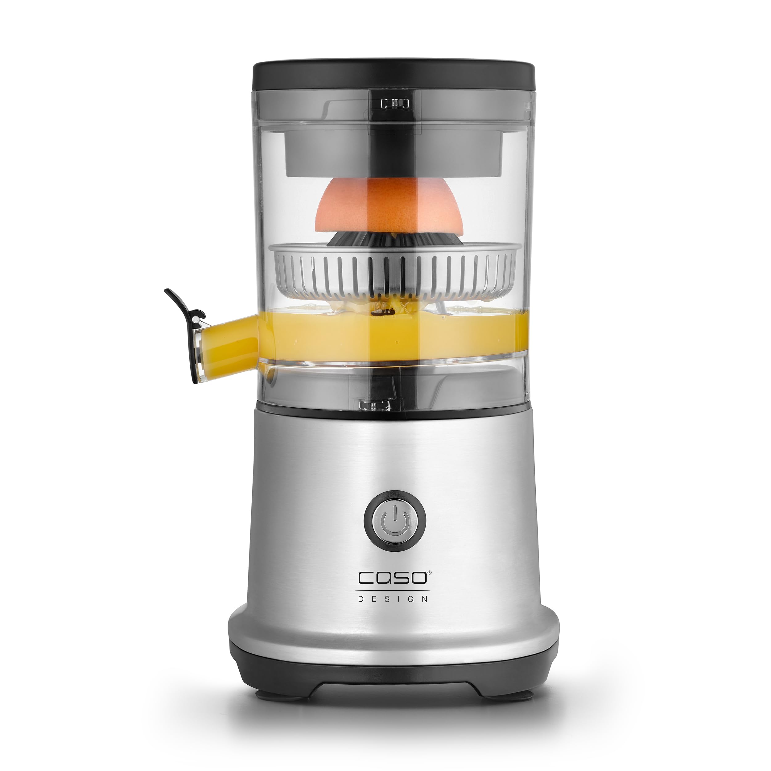 Caso 3563 CP 440 Lift Inox Zitruspresse (Edelstahl-Geh&auml;use, Universal-Presskegel, automatischer Pressvorgang, Beh&auml;lter mit praktischem Auslaufstopp, Einzelteile entnehmbar und sp&uuml;lmaschinengeeignet, Saugf&uuml;&szlig;e, 300 Watt, Edelstahl/Schwarz) 