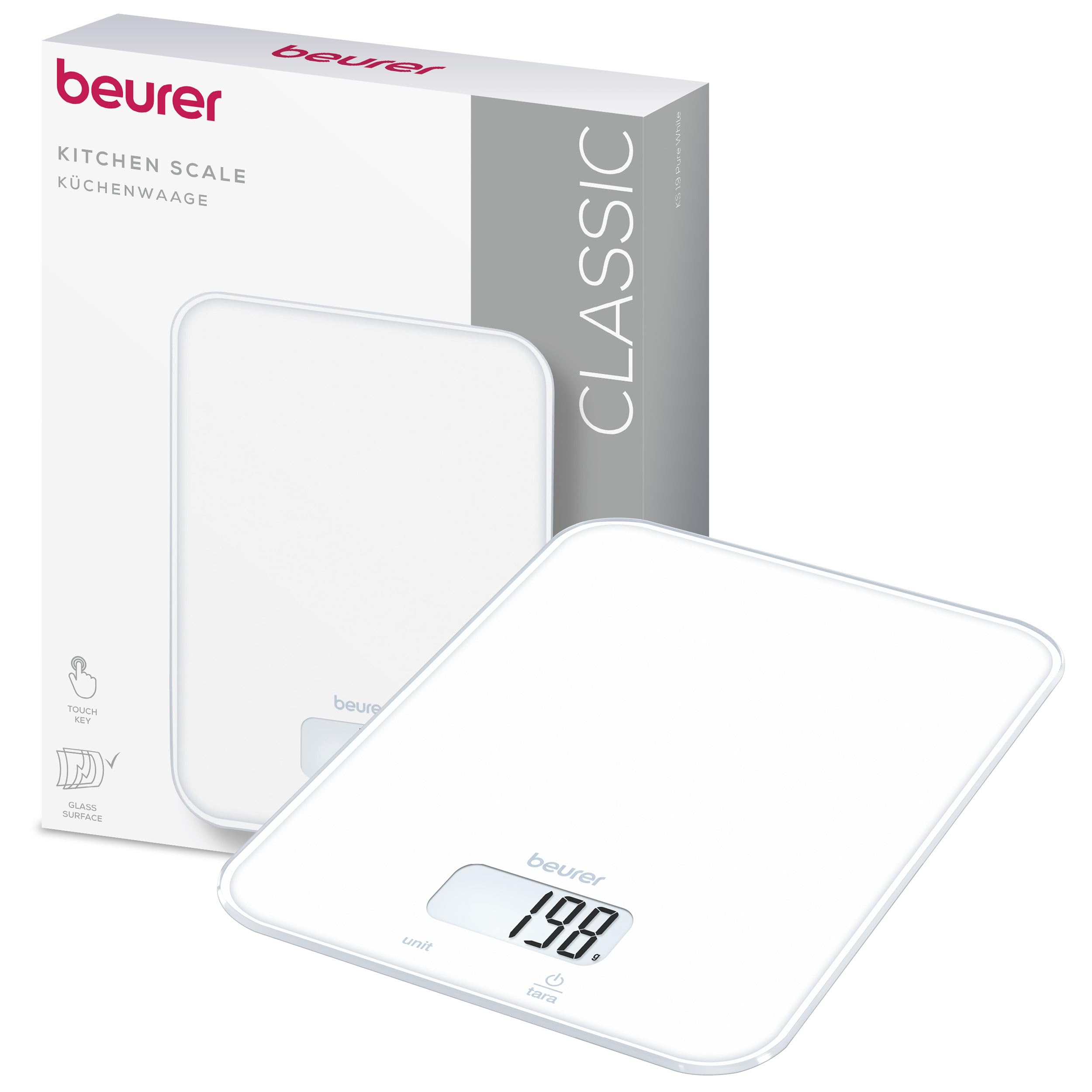 BEURER KS 19 Pure White K&uuml;chenwaage (Stylische Glasoberfl&auml;che, Belastbarkeit max. 5 kg, Einteilung 1 g, gut lesbare LCD-Anzeige, Tara-Zuwiegefunktion, Sensortastenbedienung, Batterie 1 x CR 2032 enthalten) 