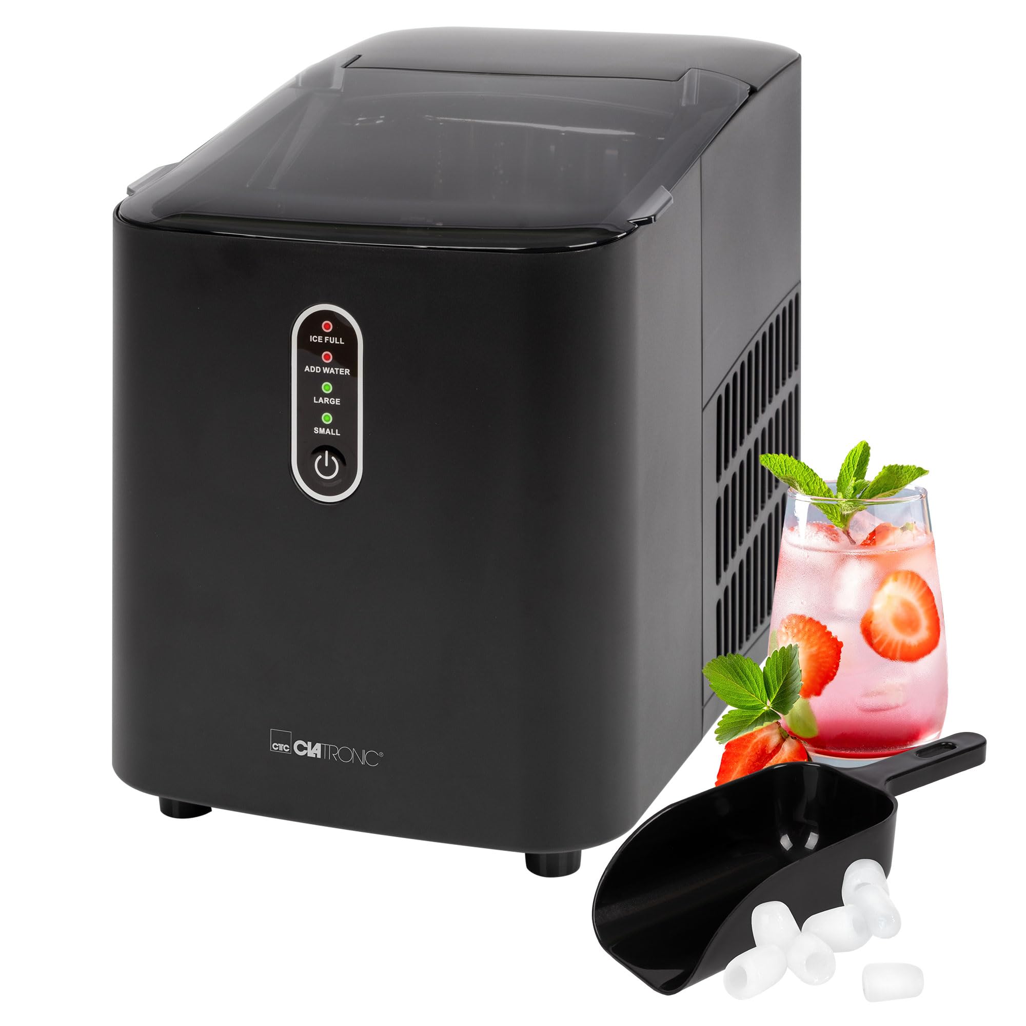 CLATRONIC EWB 3798 Eisw&uuml;rfelbereiter (Integrierter Wassertank 1,1 Liter, ca. 8-10 kg Eisw&uuml;rfel in 24 Std., 2 Eisw&uuml;rfelgr&ouml;&szlig;en, LED-Anzeige, ECO Save-Energiesparmodus, Reinigungsprogramm, elektronische Steuerung mit 4 Kontrollleuchten, inkl. Eisschaufel, 120 