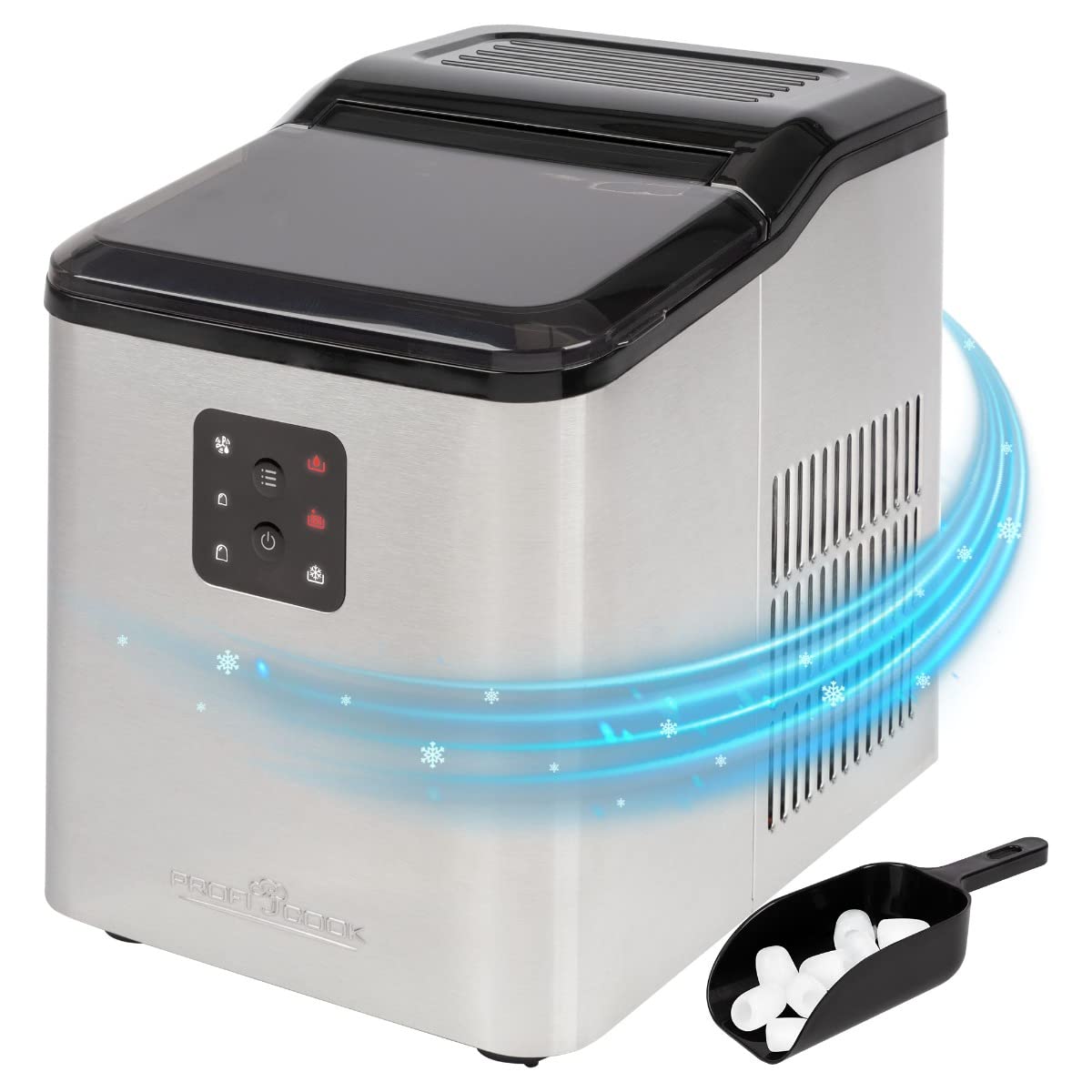 PROFICOOK Eisw&uuml;rfelbereiter PC-EWB 1253 Edelstahl/schwarz (8-10 kg Eisw&uuml;rfel in 24 Std., 1,5 Liter Wassertank, LED-Anzeige, 2 Eisw&uuml;rfelgr&ouml;&szlig;en, ECO Save-Energiesparmodus, Reinigungsprogramm, inkl. Eisschaufel, Edelstahl/Schwarz) 