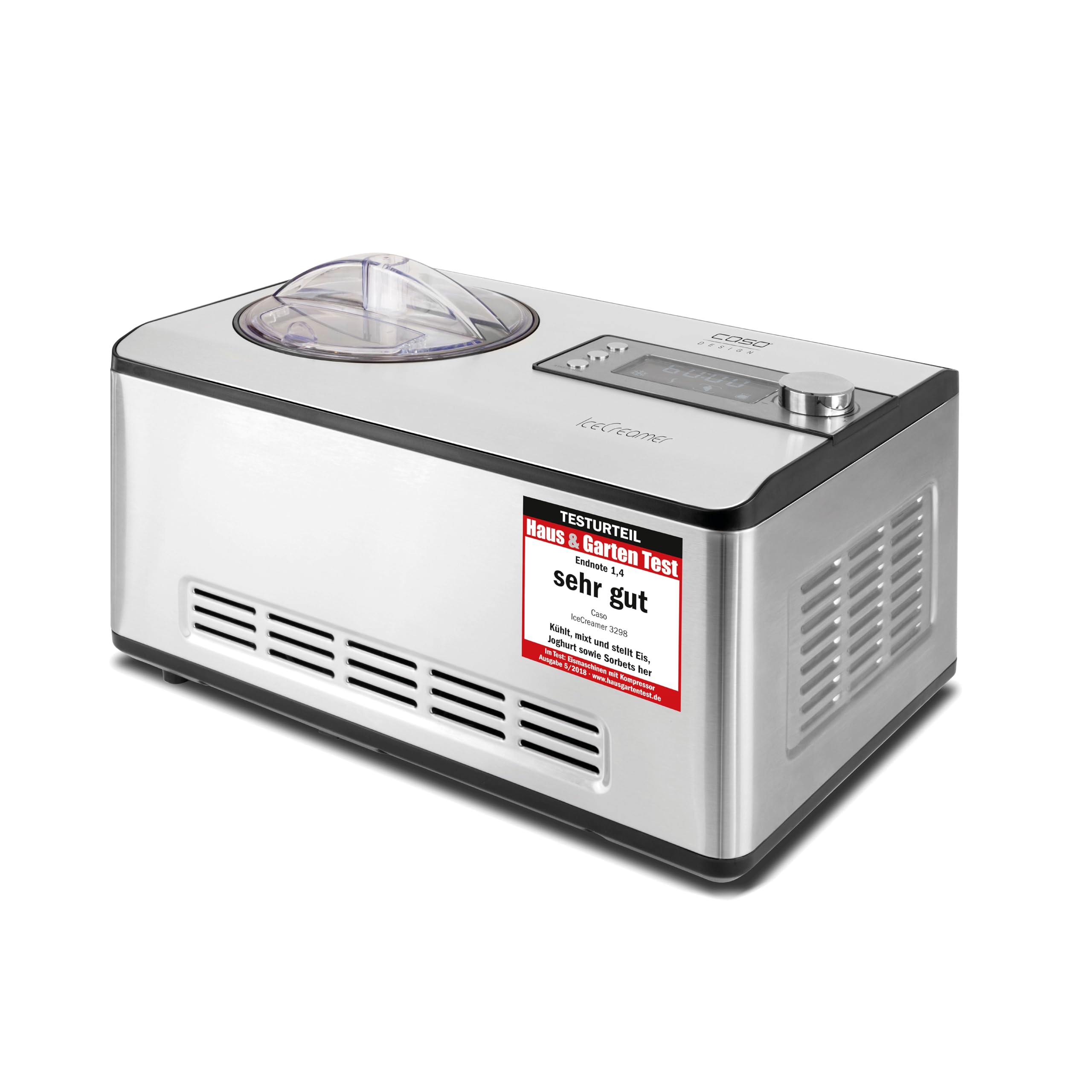Caso IceCreamer 3298  Eismaschine (2-in-1 Eismaschine und Joghurtbereiter, bis zu 2 Liter Eiscreme oder Joghurt, 4 Programme, Kompressor-Technik 180 Watt K&uuml;hlleistung, entnehmbarer Speiseeisbeh&auml;lter, Edelstahl-Geh&auml;use, Nachf&uuml;llklappe praktische Nachk&uuml;hlfun 