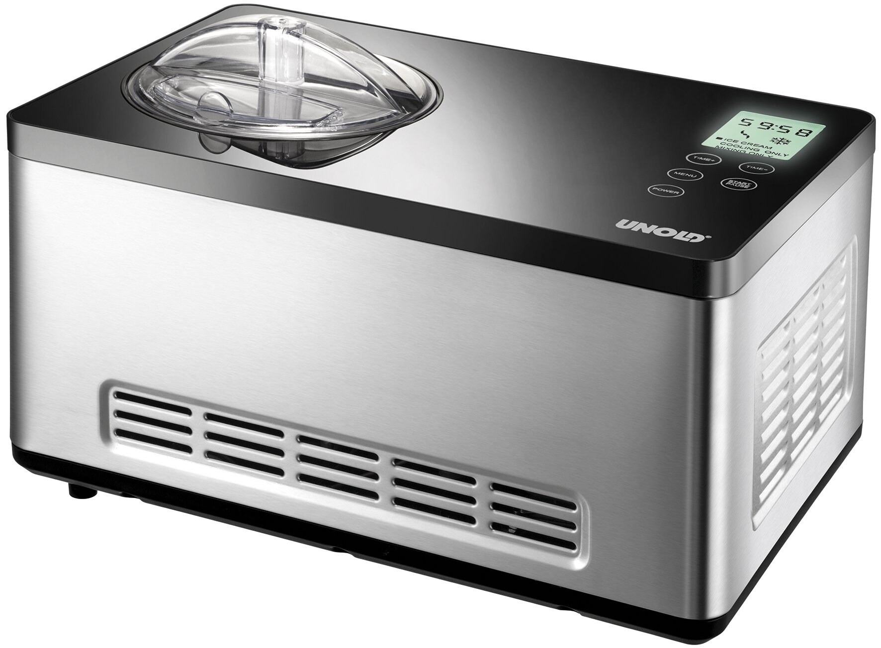 UNOLD Gusto 48845 Eismaschine (Edelstahlgeh&auml;use, Volumen f&uuml;r ca. 2 Liter Eiscreme, Touch-Bedienfeld, gro&szlig;es LCD-Display, Timer, Deckel&ouml;ffnung f&uuml;r Zutaten, vollautomatischer Kompressor, entnehmbarer Edelstahl-Eisbeh&auml;lter, 180 W Leistung, Edelstahl/Schwarz M 