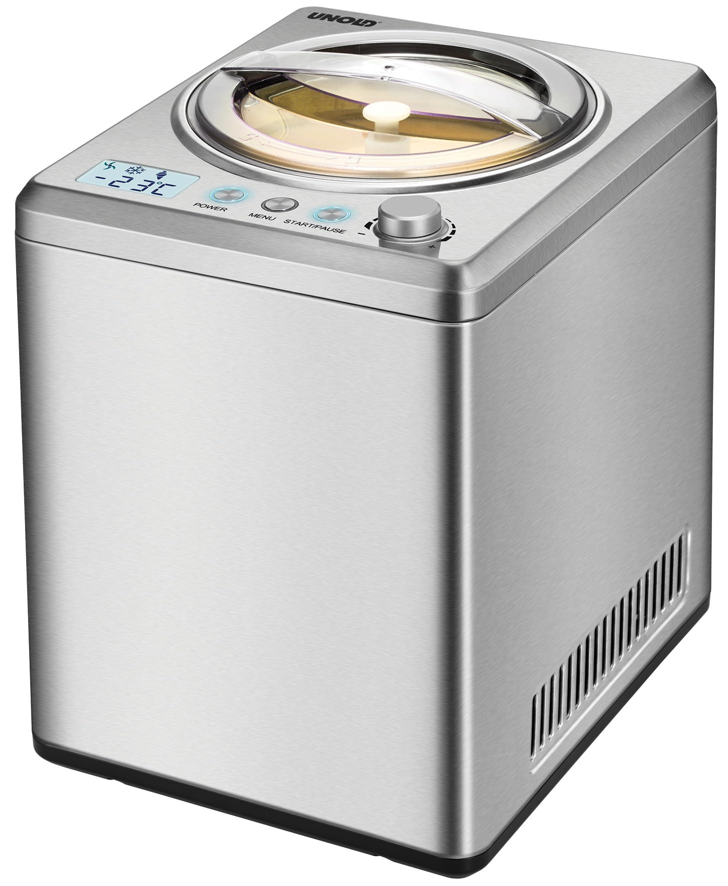 UNOLD Profi Plus 48880 Eismaschine (Edelstahlgeh&auml;use, f&uuml;r ca. 2,5 Liter Eiscreme, vollautomatischer, selbstk&uuml;hlender Kompressor, LCD-Display, 3 Programme, Timer, entnehmbarer Edelstahl-Eisbeh&auml;lter, Leistung 250 W) 
