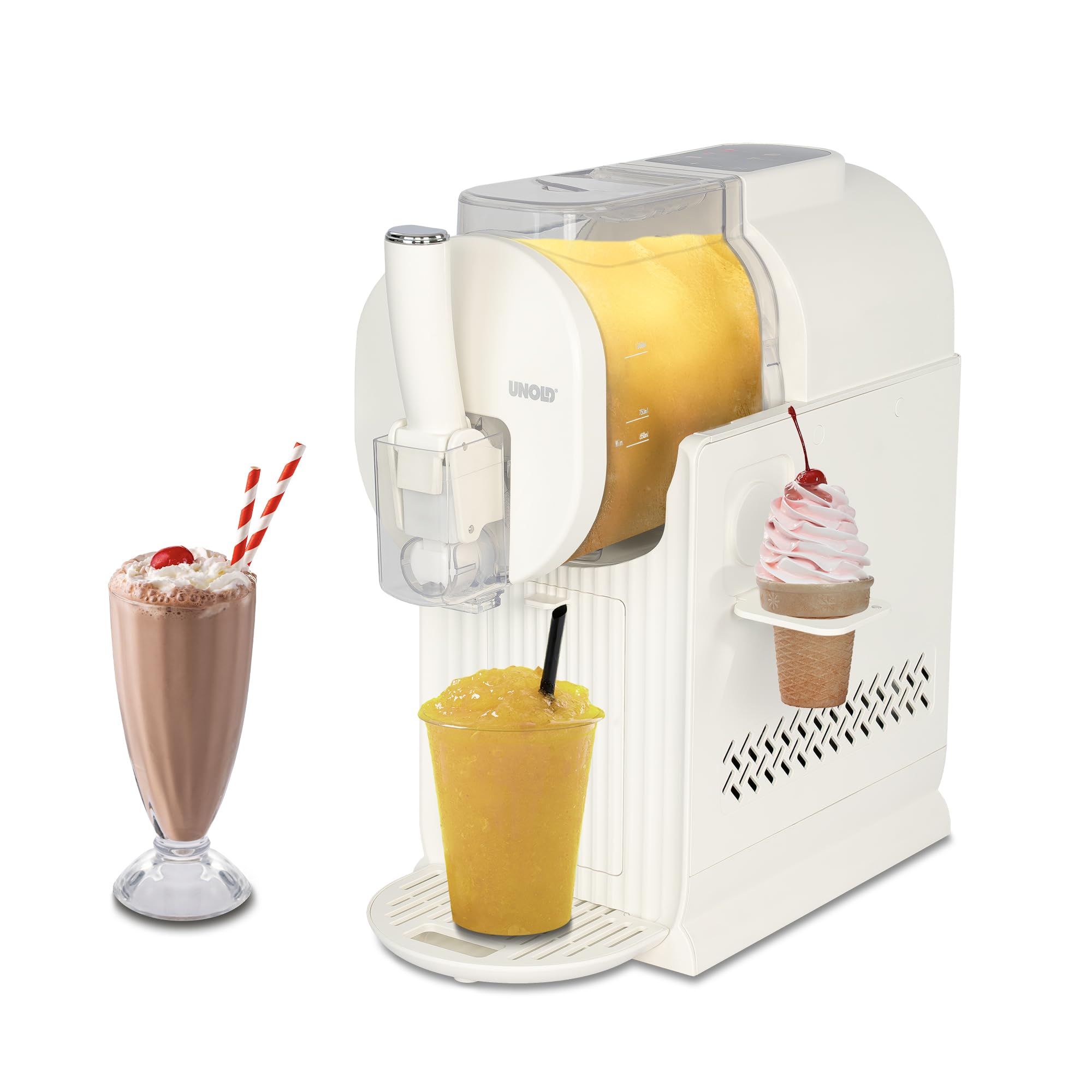 UNOLD Sofia 48960 2in1 Cremefarben Slush - und Softeismaschine (Leise Kompressor-K&uuml;hlung, maximale F&uuml;llmenge 1,5 Liter, 5 Programme: SOFTEIS, MILKSHAKE, COLD DRINK, SLUSHIE, COCKTAIL, Beh&auml;lter und Abtropfschale abnehmbar und sp&uuml;lmaschinengeeignet, 150 W) 