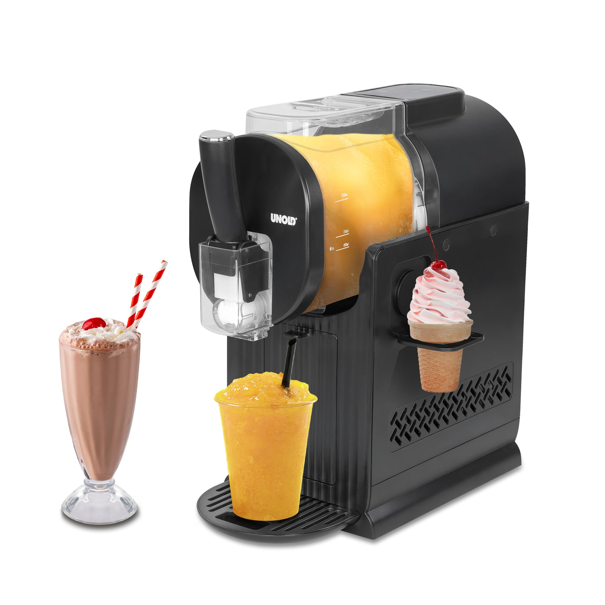 UNOLD Sofia 48965 2in1 Schwarz Slush - und Softeismaschine (f&uuml;r ca. 1,5 l, leise Kompressor-K&uuml;hlung, 5 Programme: SOFTEIS, MILKSHAKE, COLD DRINK, SLUSHIE, COCKTAIL, einfache Handhabung, Beh&auml;lter und Abtropfschale abnehmbar und sp&uuml;lmaschinengeeignet, Rezept 