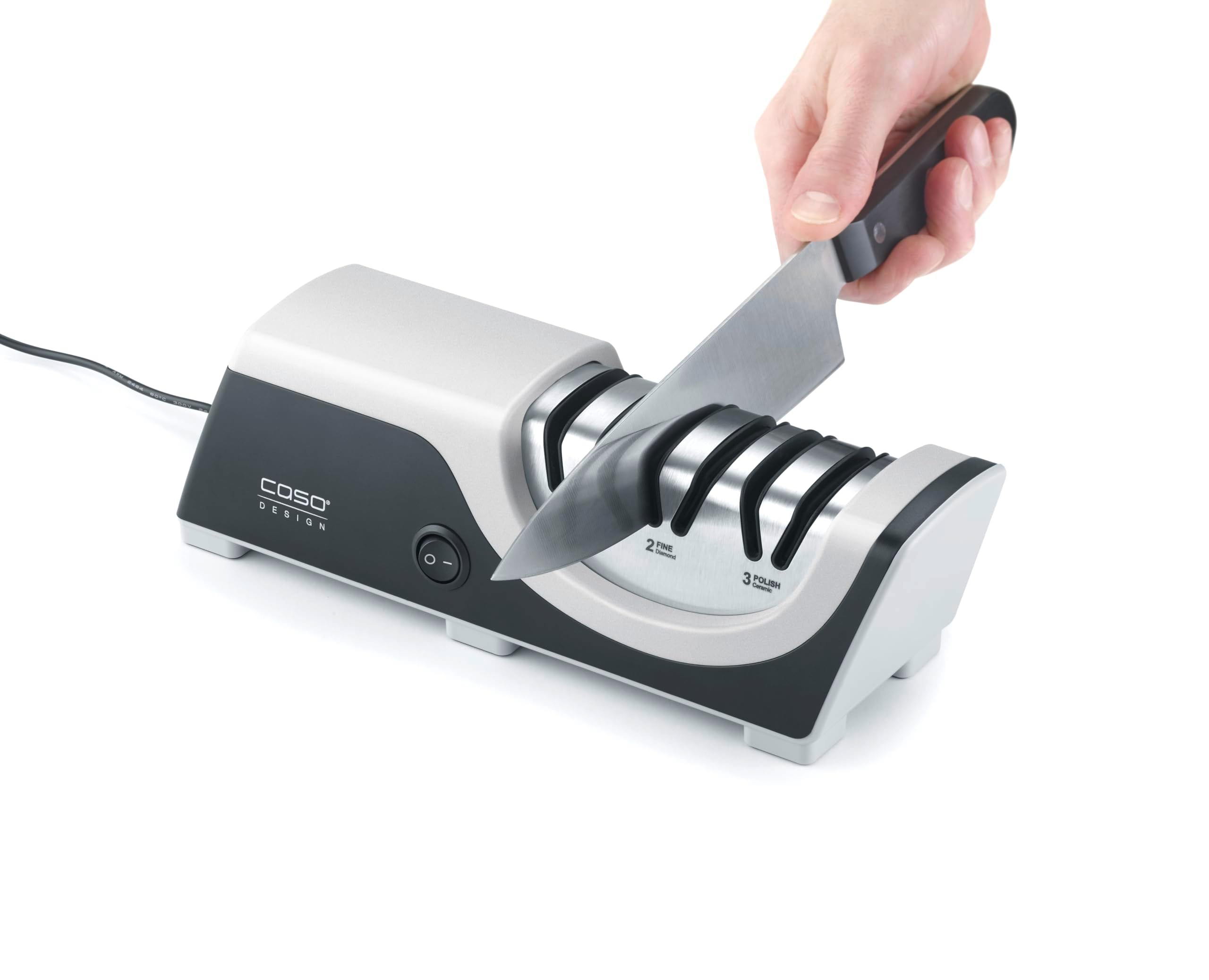 Caso DiamondSharp Messersch&auml;rfer (Elektrischer Design-Messersch&auml;rfer, pr&auml;zises 3-Stufen-Sch&auml;rfsystem, universal geeignet f&uuml;r glatte und gezahnte Klingen, Grobschliff (Diamant), Feinschliff (Diamant), Polierstufe (Keramik), 18 Watt, rutschfeste Saugf&uuml;&szlig;e, Sc 