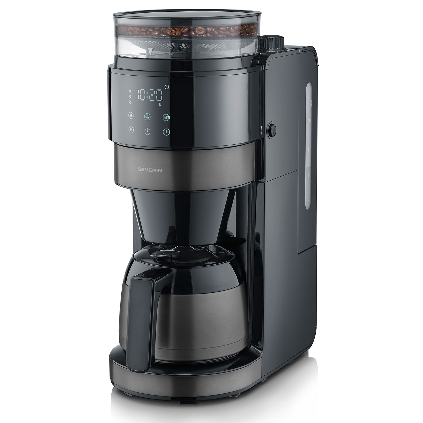 SEVERIN KA 4831 Filterkaffeemaschine mit Mahlwerk (8 Tassen, 1 l Wassertank, Thermokanne, Mahlwerk, Schwenkfilter, Timer) 