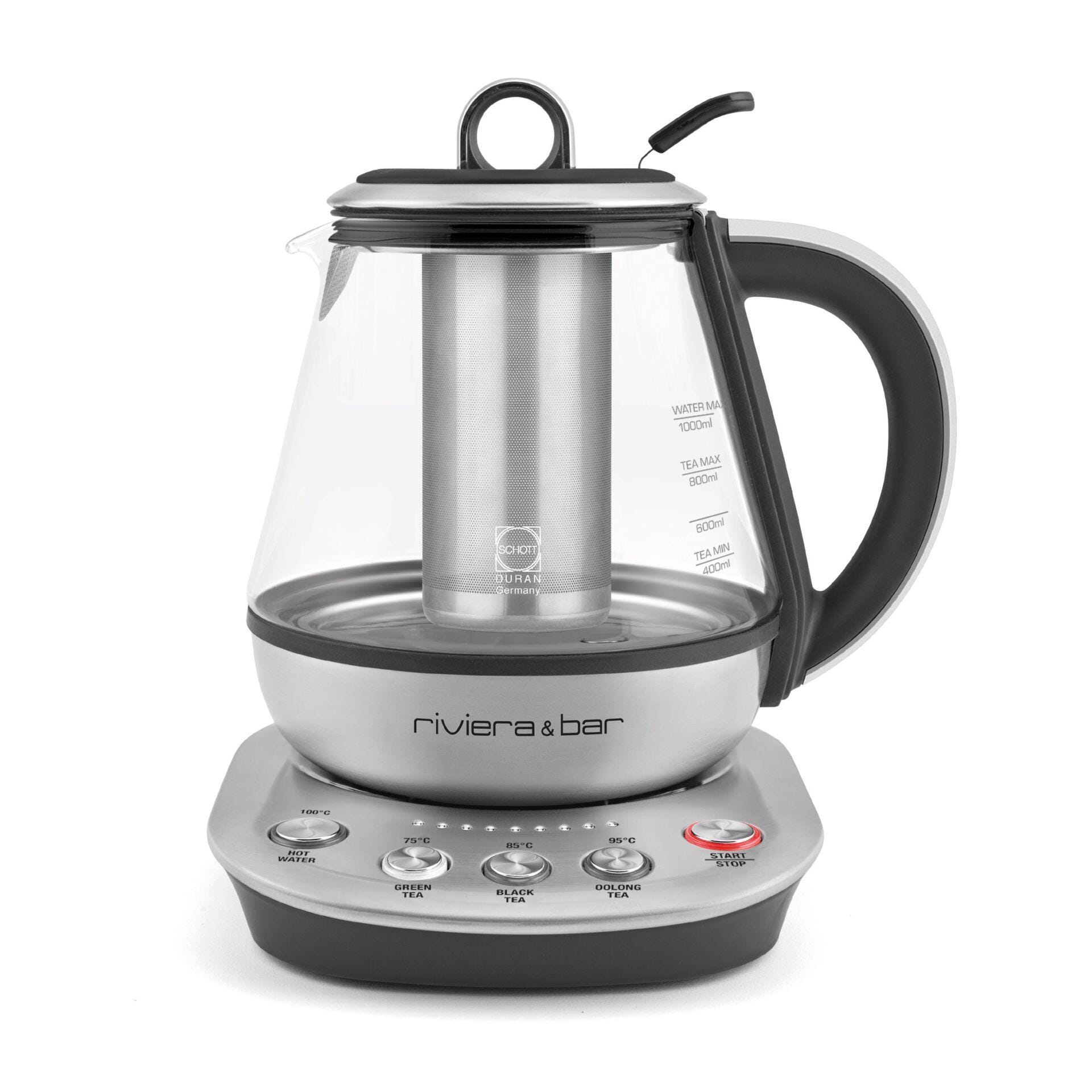 riviera&;bar Tea Maker Compact Teemaschine (Schott DURAN Glas, Edelstahl, 3 Temperaturstufen (75/85/95 &deg;C), Wasserkochermodus bis 100 &deg;C, individuell einstellbare Ziehzeit, Warmhaltemodus bis 30 Min.) 