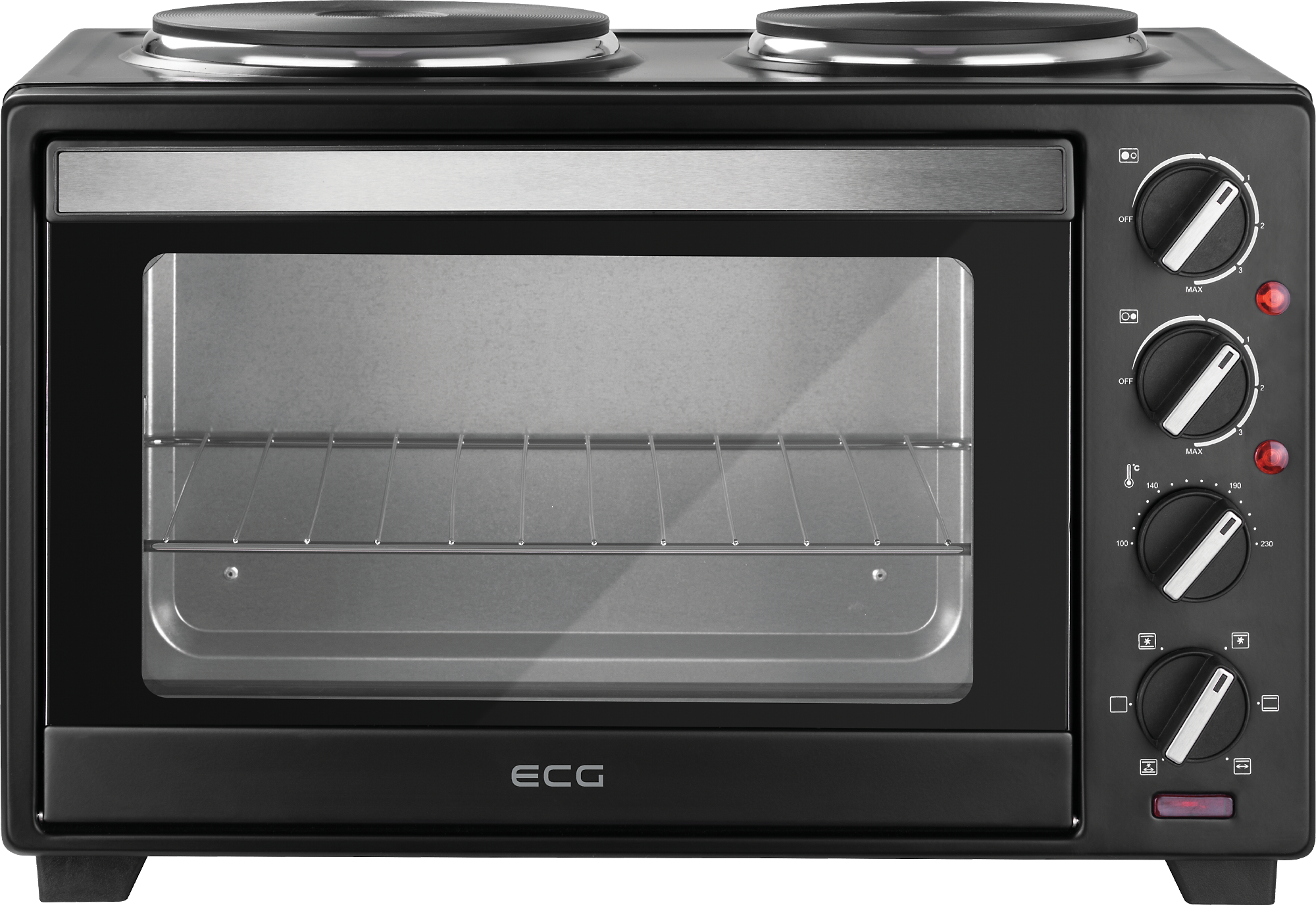 ECG ETH 3001B Minibackofen mit Kochplatte (30 l Garraumvolumen, Ober- und Unterhitze, 1600 W, 2 integrierte Kochplatten, inkl. Drehspie&szlig;) 