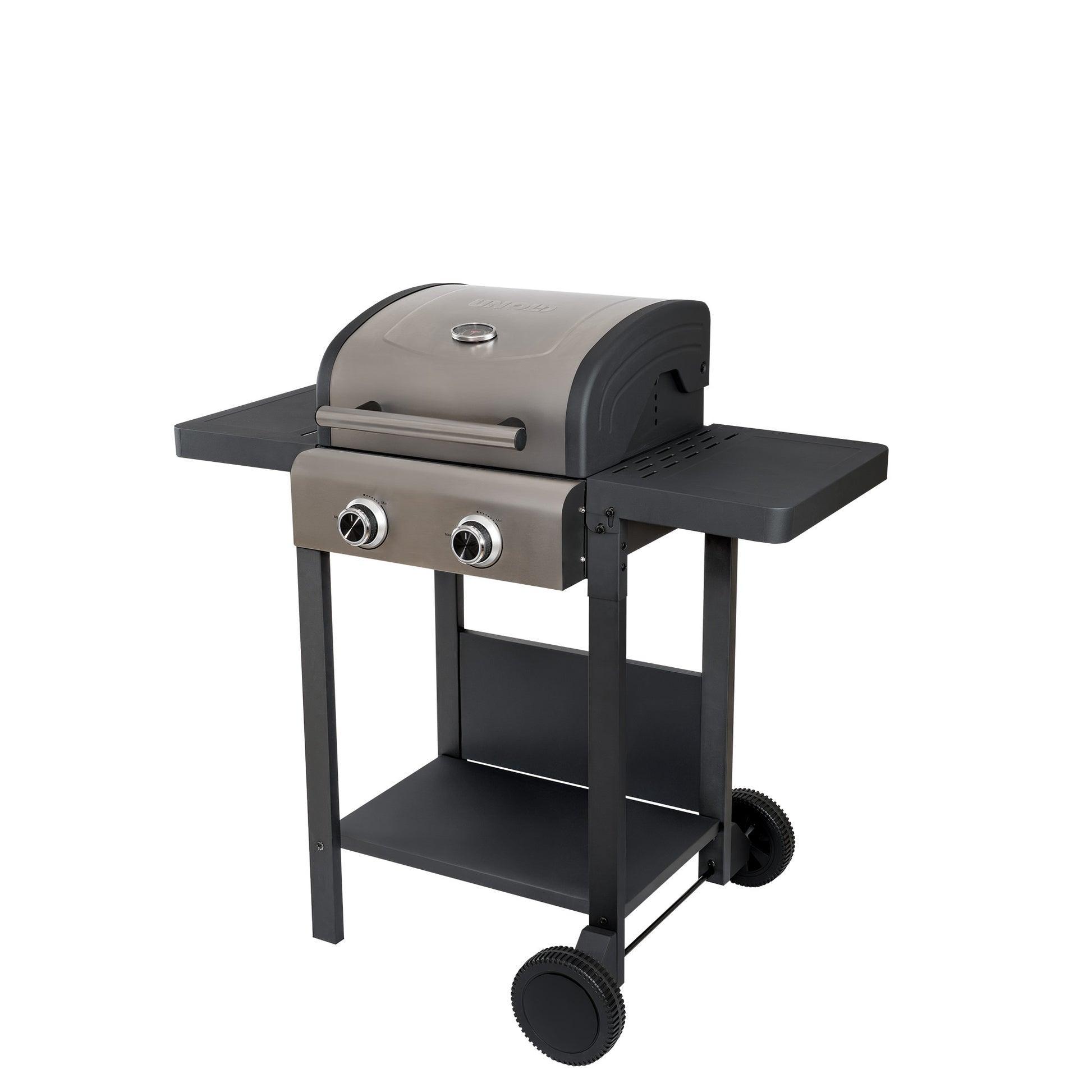 UNOLD Barbecue Grill-Wagen Buddy Standgrill (2.600 Watt, &uuml;ber 300 &deg;C, 45 &times; 40 cm Grillfl&auml;che, emailliertes Gusseisen, zwei separat regelbare Heizelemente) 