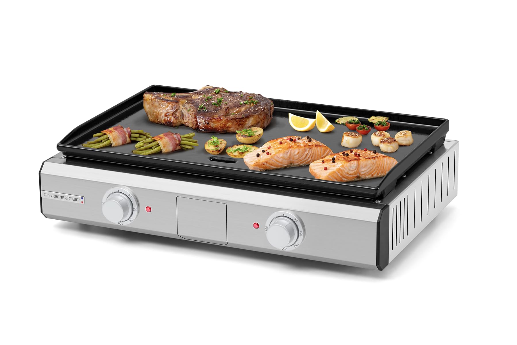 riviera&;bar Plancha Grill Pro Enamelle Tischgrill (Plancha-Grillplatte, emailliertes Gusseisen, 2 getrennte Heizzonen, Grillfl&auml;che 57 x 35 cm, Edelstahl-Geh&auml;use geb&uuml;rstet, abnehmbare Auffangschale, hohe R&auml;nder) 