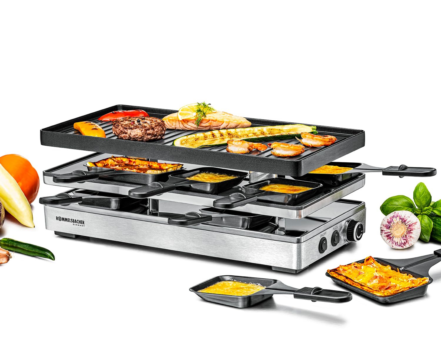 ROMMELSBACHER RCP 1800 Pizza Raclettegrill (1800 Watt, 8 Pf&auml;nnchen, Wendeplatte, PFAS-frei, Alu-Druckguss, Antihaft, Parkdeck, 2 m Kabel) 