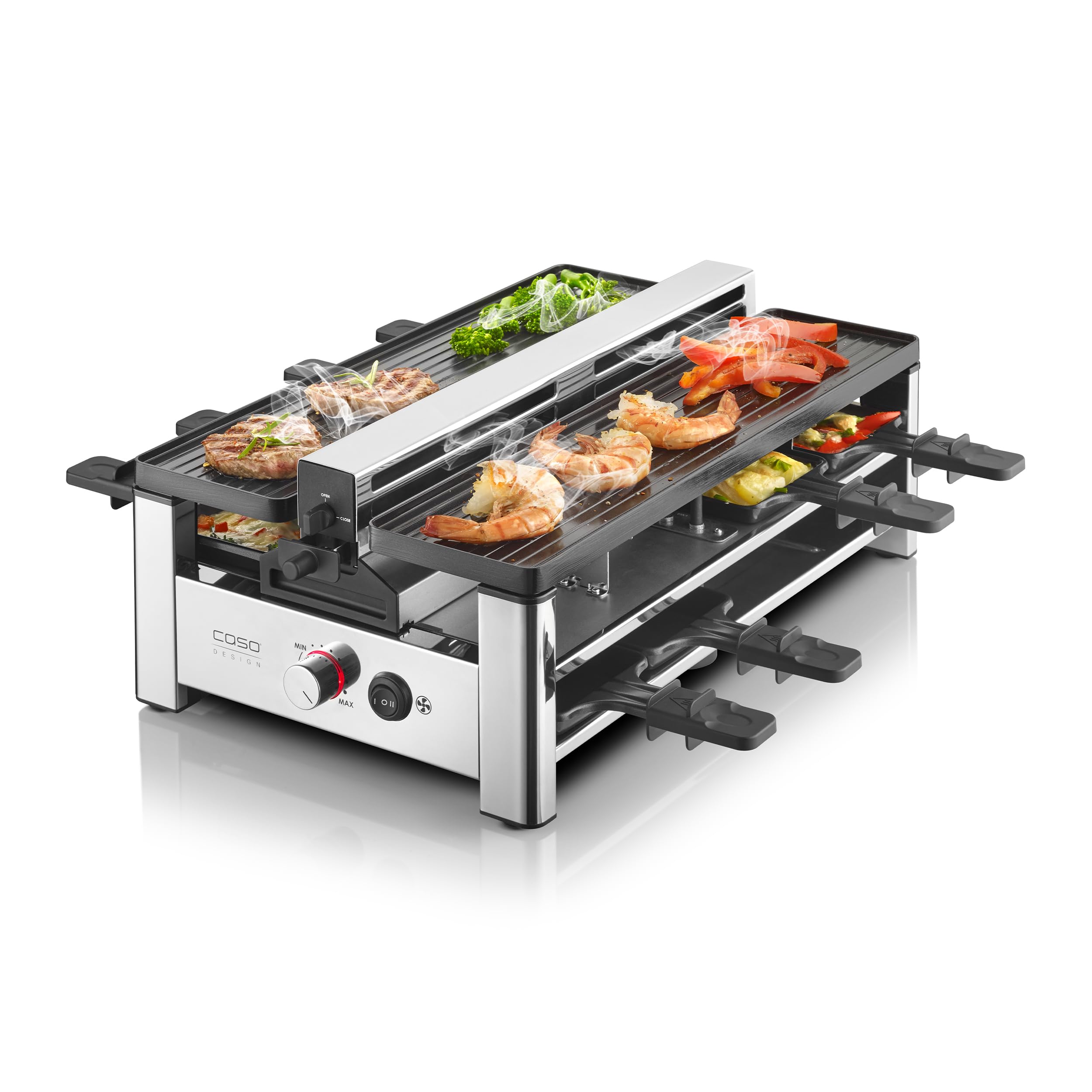Caso 2831 AirClean Raclettegrill (1500W, 8 Pf&auml;nnchen, Antihaftbeschichtung, regelbare Temperatur) 